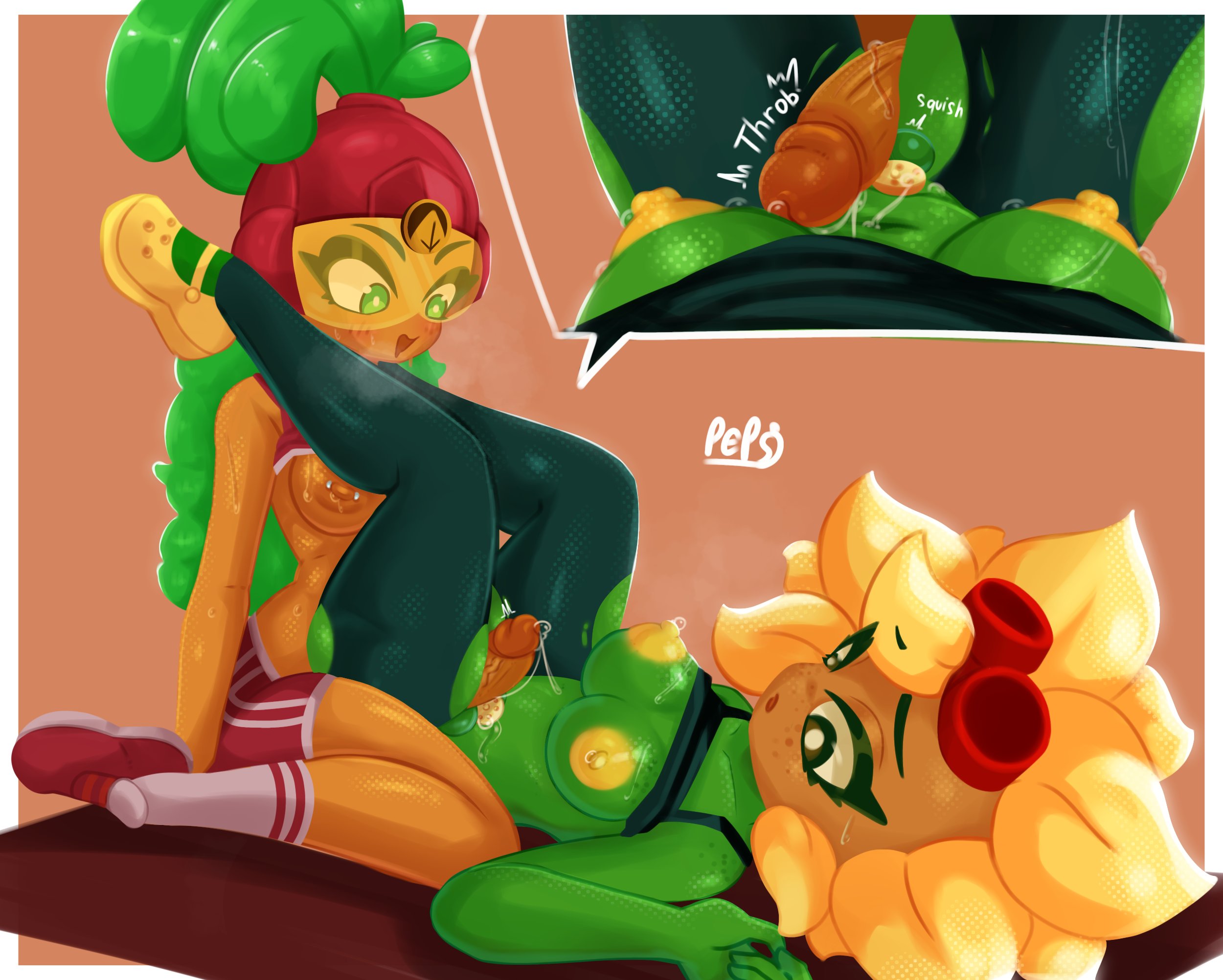 2futas, accidental exposure, anthro, anthro character, anus, ass, beta-carrotina (pvz), big, blush, breasts, bulge, cage, chastity cage, cock, cock cage, comic, cum, dickgirl, dickgirl/dickgirl, electronic arts, erection, flora fauna, freckles, futa, futa on futa, futa only, futanari, imminent sex, mysticpeppy, penis, plant girl, plant humanoid, plantie, plants vs zombies, plants vs zombies: heroes, popcap, popcap games, precum, pvz, ripped clothing, ripped leggings, ripped pants, solar flare (pvz), sunflower (pvz), sweat, sweaty, sweaty body, tagme (artist), video game, video game character, yoga pants