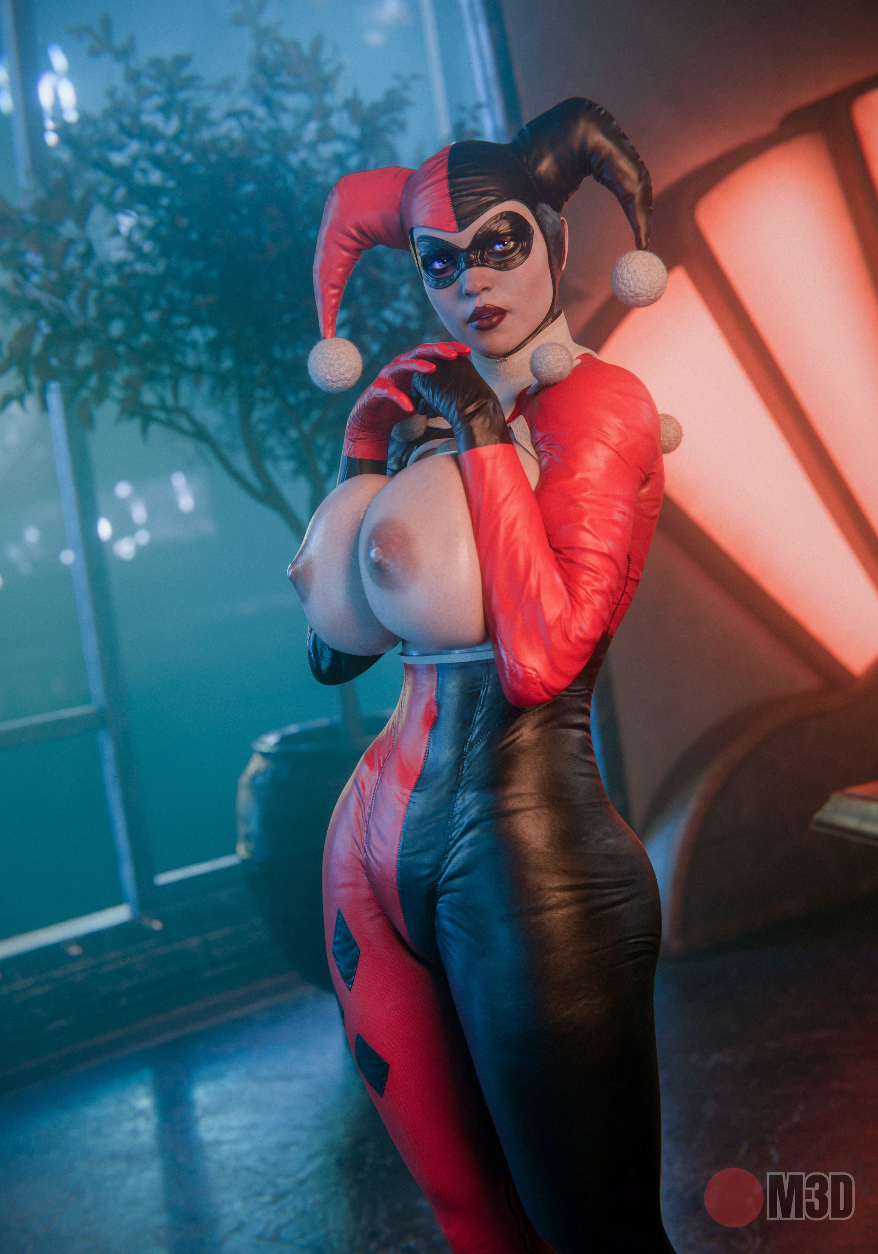 3d, ass, batman (series), big breasts, black gloves, breasts, bubble butt, busty, dc, dc comics, female, gloves, harley quinn, harley quinn (classic), hourglass figure, jester, jester outfit, large breasts, milan3d, pale skin, red gloves, tagme, wide hips