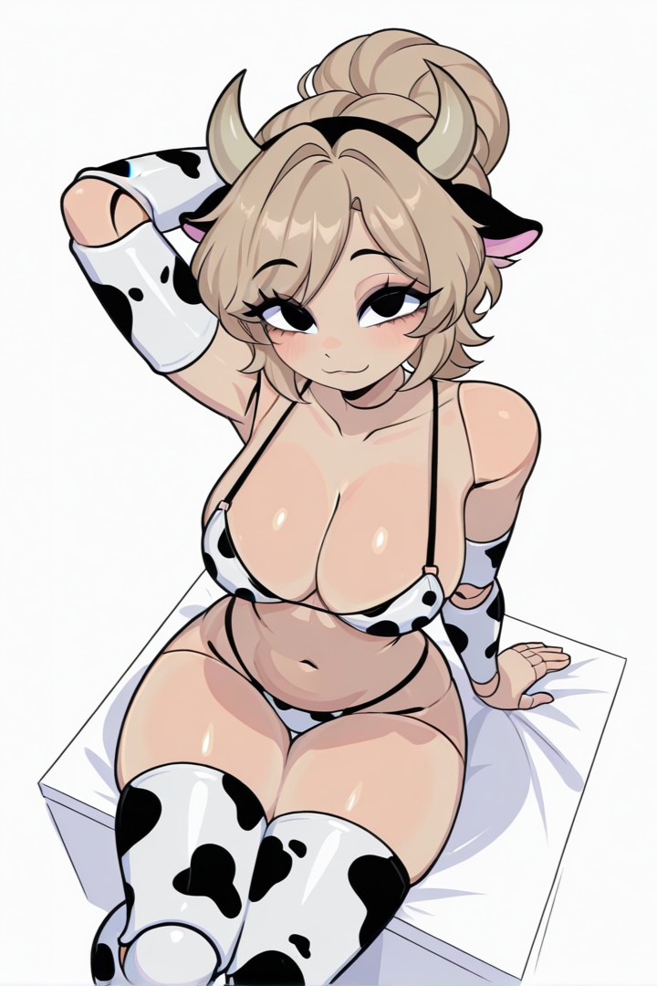 ai generated, black eyes, boobs, bra, brawl stars, charlie (brawl stars), cow print, horns, looking at viewer, sitting, smiling, thighs