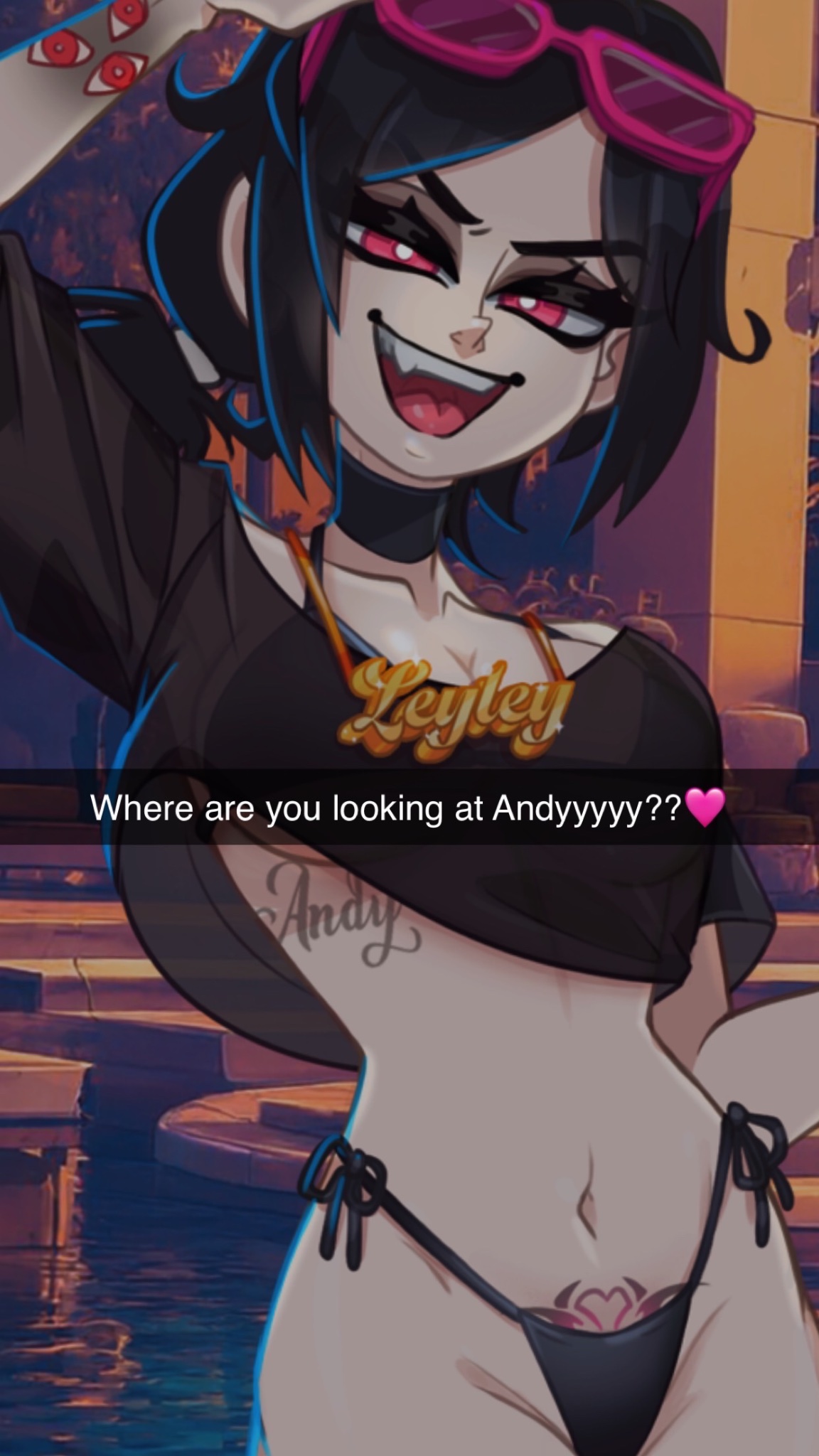 1girl, 1girls, ashley graves, black hair, breasts, female, female focus, female only, looking at viewer, meme, pink hair, pussy, smile, smiling, tattoo, tattoos, the coffin of andy and leyley, xx.ham.donut.xx