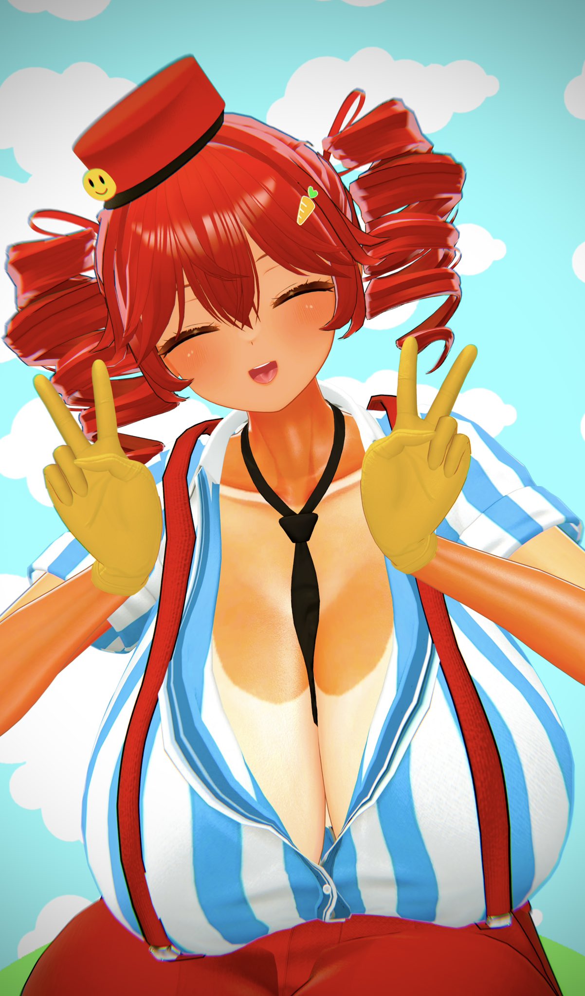 1girls, 3d, 3d model, alternate skin color, artist request, big breasts, blouse, blush, blushing, blushing female, breasts, breasts bigger than head, breasts focus, cleavage, closed eyes, curvaceous, curvy, curvy female, curvy figure, double v, enormous breasts, female, female only, gigantic breasts, gloves, hair ornament, hat, high waisted pants, high-waist pants, huge breasts, kasane teto, kasane teto (sv), large breasts, massive breasts, mesmerizer (vocaloid), mesmerizer teto, mv character, necktie, necktie between breasts, no bra, open mouth, pants, peace sign, red hair, round breasts, shiny breasts, shiny skin, shirt, simple background, solo, solo female, striped shirt, suspenders, synthesizer v, tan body, tan skin, tan-skinned female, tanline, tanlines, tanned female, tight clothing, tight pants, tight shirt, top heavy, twin drills, utau, venus body, voluptuous, voluptuous female, wide hips
