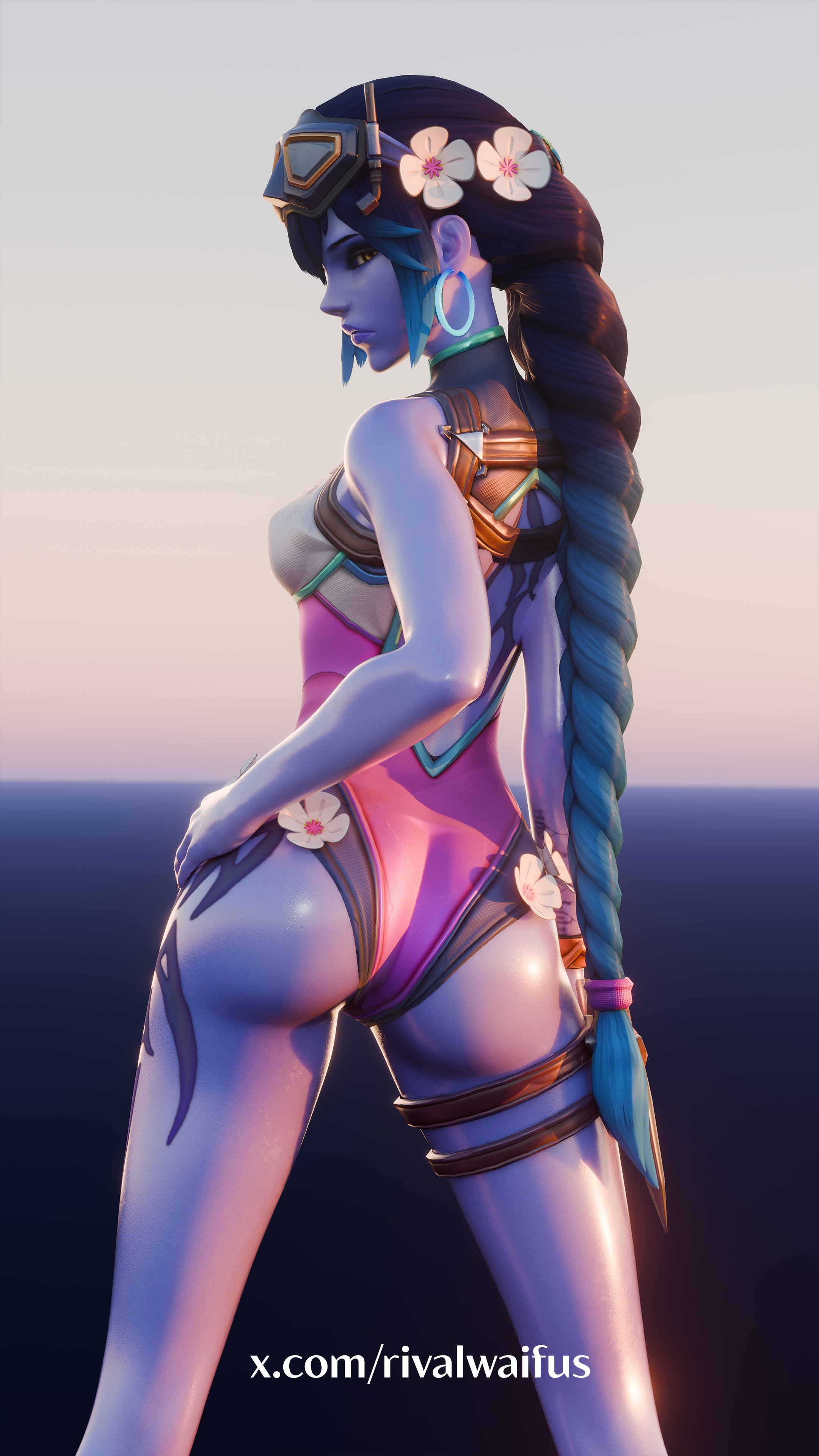 3d, 3d (artwork), 3d model, 3d render, ass, ass focus, beach, beach background, blender, blender (software), blizzard entertainment, boobs, hands behind head, hat, mother, overwatch, pool, sunset, sweat, sweating, sweaty, swimsuit, thick thighs, thighs, walking, water, widowmaker