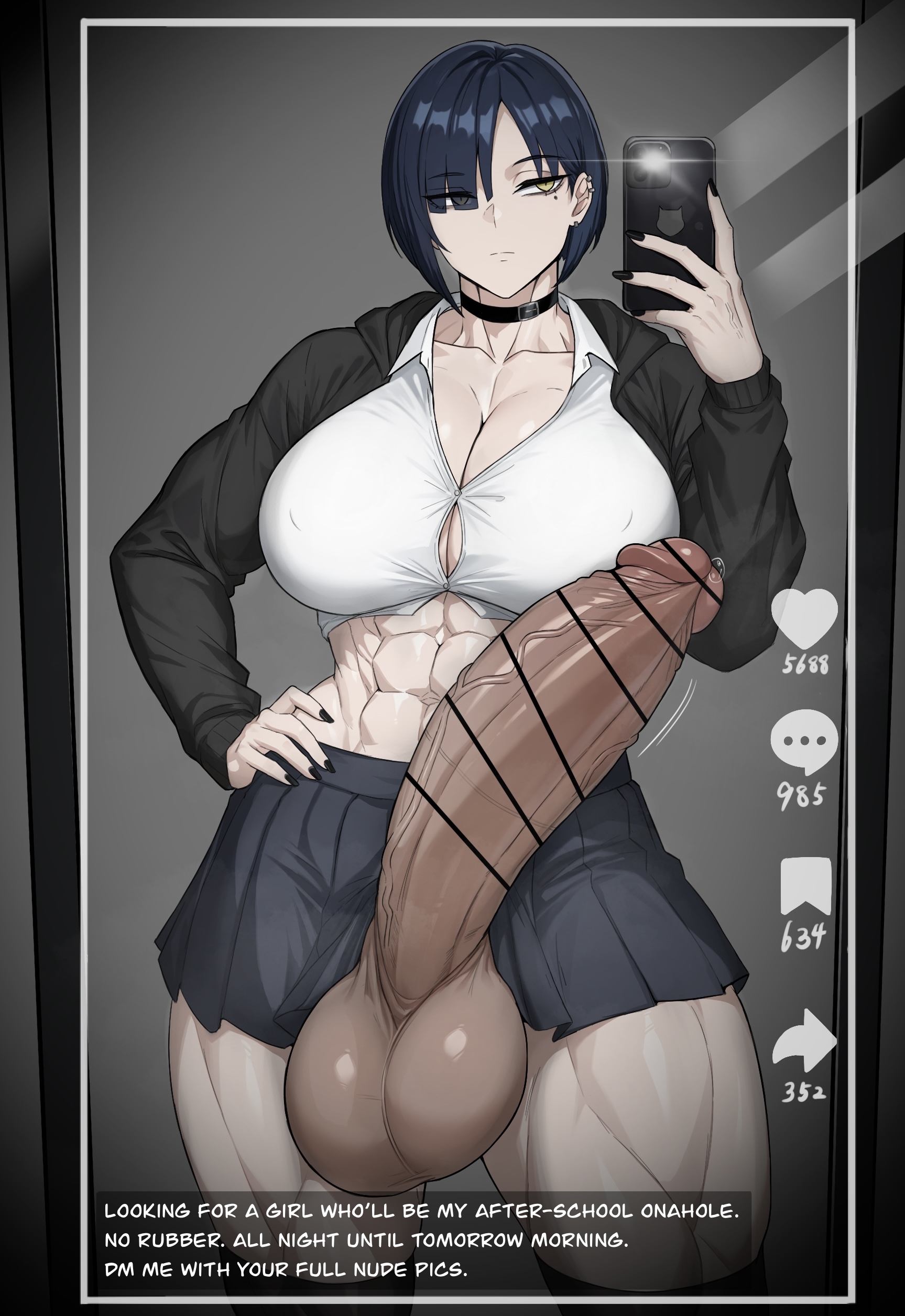 abs, bangs, censor bar, censored, erection, futanari, huge balls, huge breasts, huge cock, muscular, muscular futa, phone, precum, selfie, soutoku, veiny penis