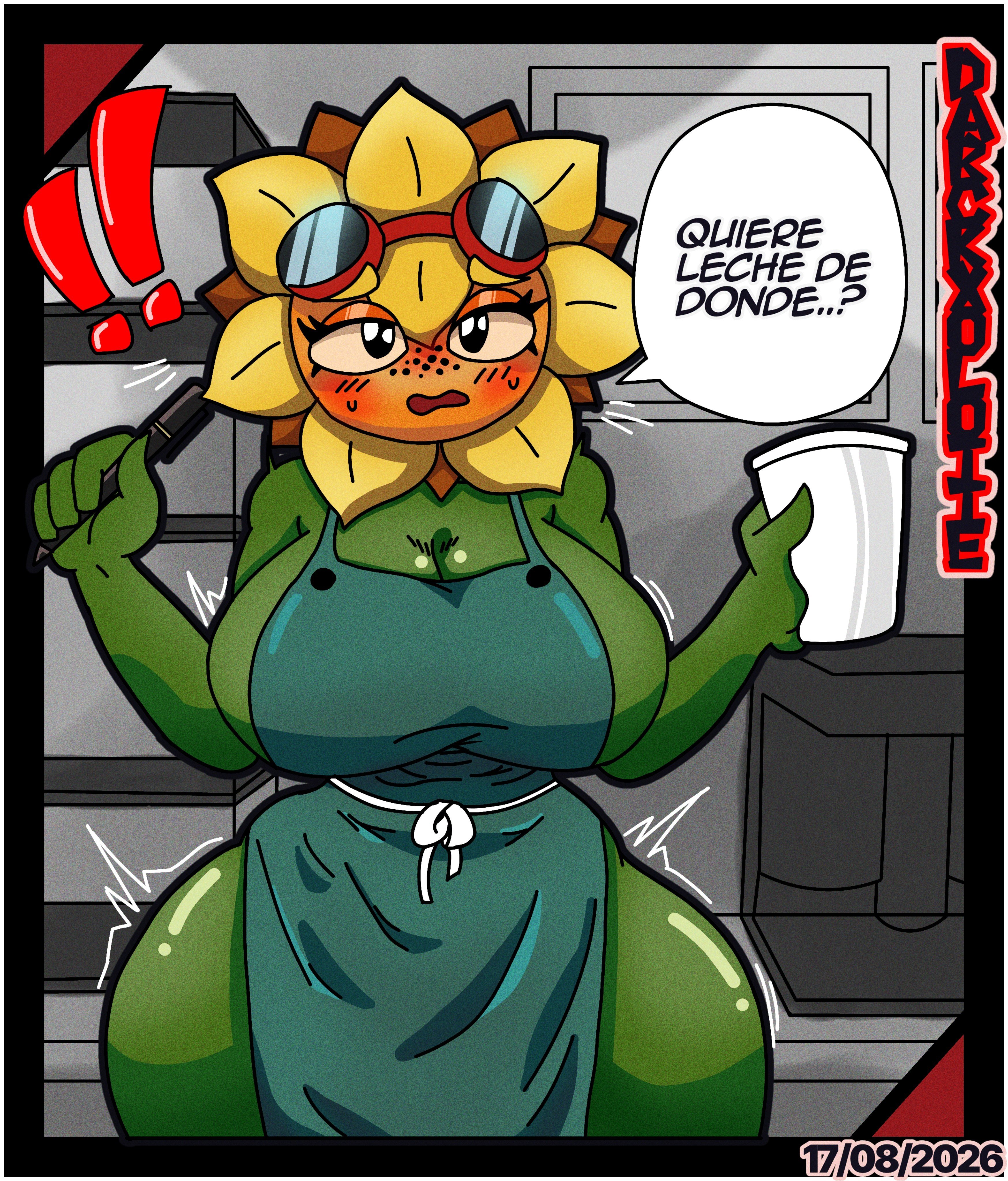 1girls, anthro, anthro character, breasts, electronic arts, female, flora fauna, freckles, iced latte with breast milk, meme, meme reference, plant girl, plant humanoid, plantie, plants vs zombies, popcap, popcap games, pvz, solar flare (pvz), spanish text, starbucks, sunflower (pvz), tagme (artist), text, translated, video game, video game character