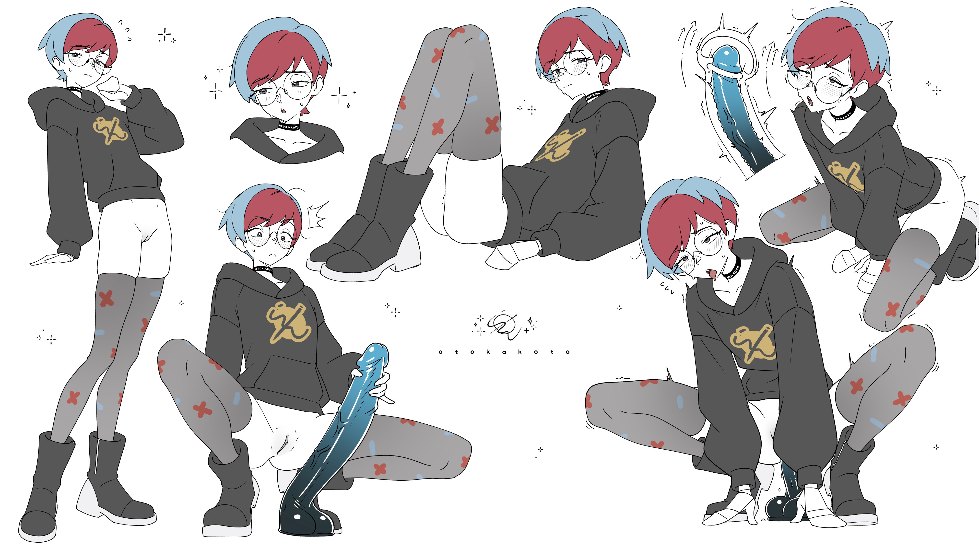 accurate body type, blue dildo, blue hair, blush, bottomless, cervical penetration, choker, circular glasses, cumming, dildo, embarrassed, female, glasses, hoodie, human characters in pokemon, image set, kneeling, masturbation, multicolored hair, orgasm, otokakoto, partially clothed, penny (pokemon), pokemon, pokemon sv, red hair, riding dildo, sex toy, shocked, shocked expression, short hair, skindentation, sweatdrop, thighhighs