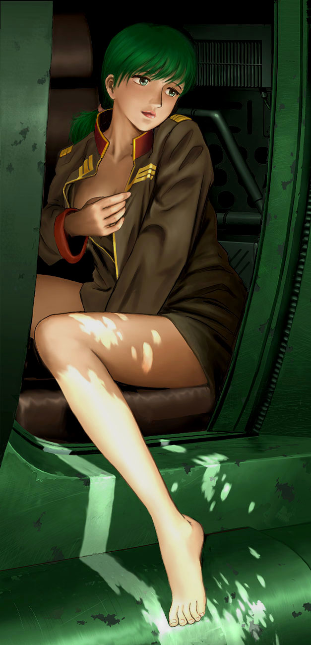 1990s 1999 1girls 20th_century barefoot feet female green_hair gundam mechanical mobile_suit_gundam partially_clothed python_(snake_legs) rolland_chuan solo uniform zeon