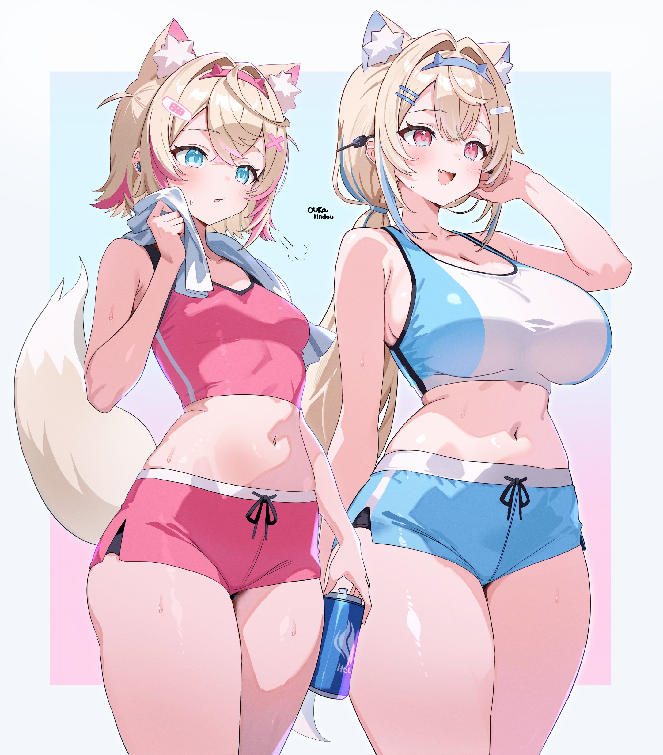 2026, 2girls, blonde hair, dog ears, dog girl, dog tail, female only, fuwamoco, fuwawa abyssgard, hololive, hololive english, huge breasts, mococo abyssgard, o-rindou5100, sisters, sportswear, sweat, tagme, thick thighs, twins, virtual youtuber
