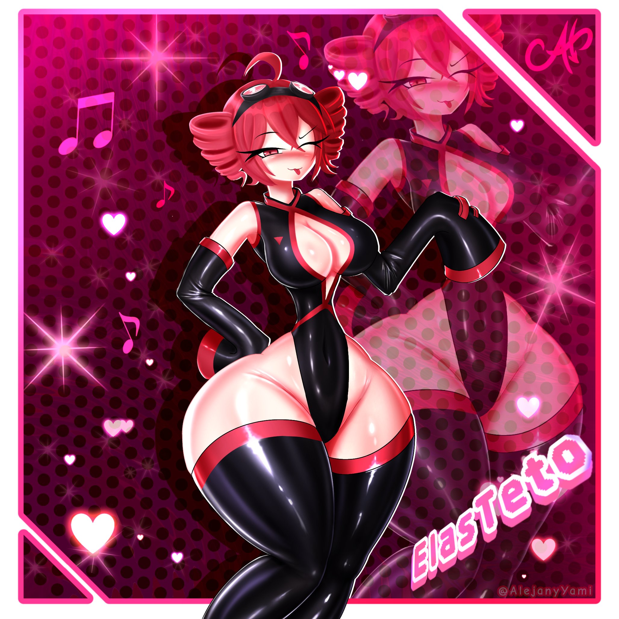 1girls, 2d, 2d (artwork), ahoge, artist request, big breasts, big thighs, blush, blushing, blushing female, blushing profusely, bottom heavy, breasts, cleavage, curvaceous, curvy, curvy female, curvy figure, detached sleeves, enormous thighs, eyelashes, fat thighs, female, female only, gigantic thighs, goggles, goggles on head, hand on hip, hips wider than shoulders, hourglass figure, huge breasts, huge hips, huge thighs, hyper hips, hyper hourglass, hyper thighs, kasane teto, large breasts, large thighs, latex, latex clothing, latex leotard, leotard, long eyelashes, long sleeves, massive hips, massive thighs, navel, navel visible through clothes, pear shaped, pear shaped female, plump, plump breasts, plump thighs, pose, posing, red eyes, red hair, shiny clothes, shiny latex, shiny skin, simple background, skin tight, skin tight clothes, skindentation, slim waist, solo, solo female, thick thighs, thighhighs, thighs, thighs bigger than head, thighs bigger than torso, tight clothing, tiny waist, tongue, tongue out, twin drills, utau, voluptuous, voluptuous female, wasp waist, wide hips
