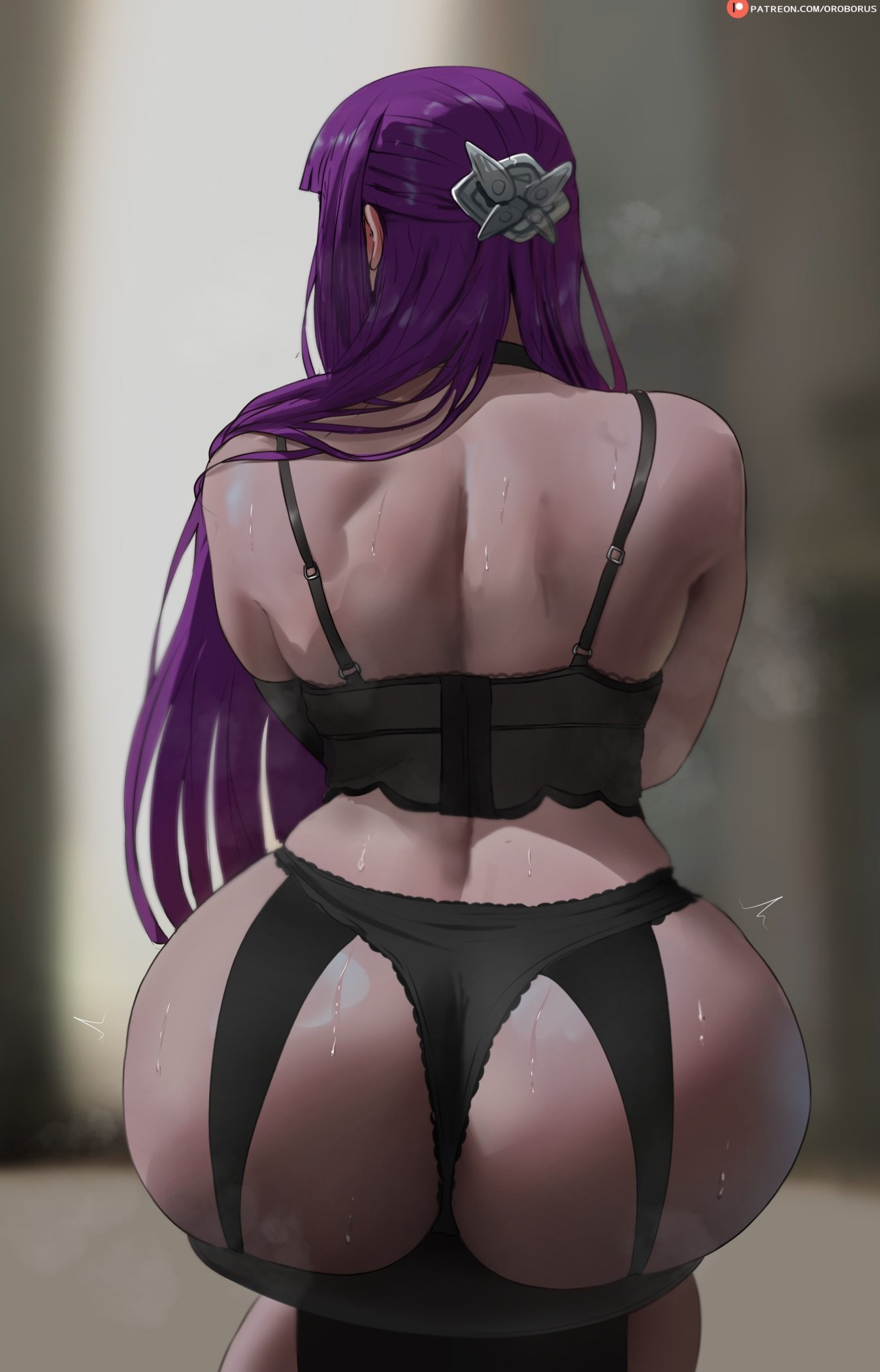 1girls, ass, big ass, black bra, black panties, black thong, blurry background, bra, bubble butt, chair, curvy, fat ass, female, female only, fern (sousou no frieren), from behind, hair ornament, hi res, highres, large ass, long hair, oroborusart, panties, purple hair, sitting, solo, solo female, sousou no frieren, sweat, thick, thick ass, thong, thong panties, underwear, voluptuous, wide hips