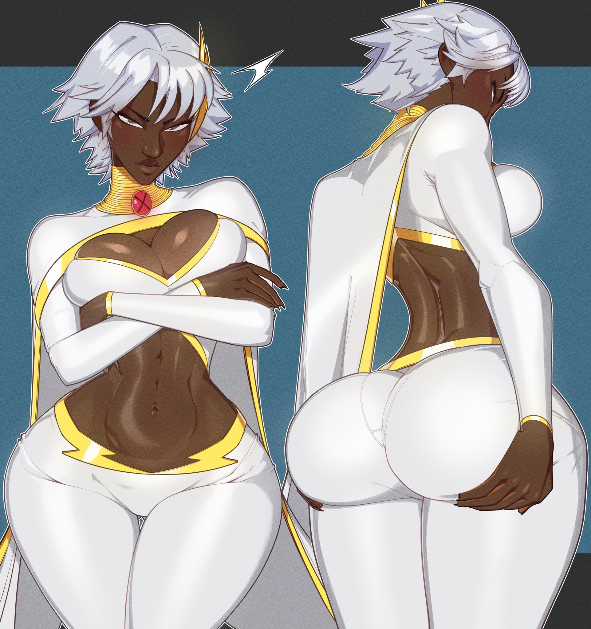 1girls, 2d, ass, back view, breasts, busty, chocolate girl, cleavage, dark skin, dark-skinned female, ebony, ebony female, female, female only, front view, looking at viewer, marvel, marvel comics, midriff, minicop2001, solo, solo female, storm (x-men), tagme, thick thighs, thighs, white hair, x-men