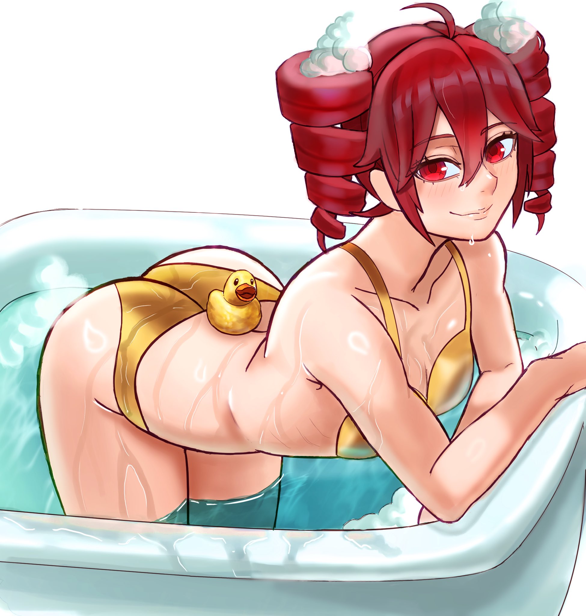 1girls, 2d, 2d (artwork), arched back, ass, back, bath, bathtub, bending forward, bending over, bent over, big ass, bikini, blush, blush lines, blushing, blushing female, breasts, bubble bath, bubbles, clavicle, cleavage, curvaceous, curvy, curvy female, curvy figure, dirtydanreborn, eyelashes, female, female only, gold bikini, golden bikini, golden week, kasane teto, large ass, leaning, leaning forward, lips, looking at viewer, medium breasts, petite, petite body, petite female, red eyes, red hair, rubber duck, simple background, skinny, skinny female, slim girl, slim waist, smile, solo, solo female, sticking ass out, thick thighs, thighs, twin drills, utau, water, wet, wet body, white background, wide hips