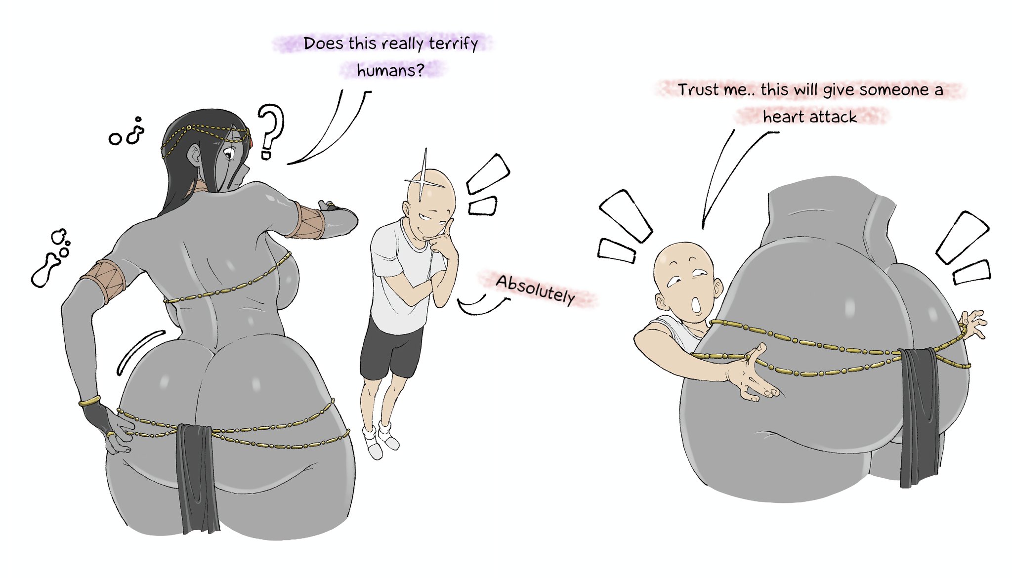 1boy, 1girls, ass crack, ass focus, bald, blabo00, black loincloth, black shorts, bubble ass, clueless, collar, confused, cute, dat ass, dumptruck ass, english, english text, fat ass, ghost, ghost girl, gigantic ass, gold jewelry, grey scales, hourglass figure, huge ass, huge breasts, impractical clothing, large ass, loincloth, multiple poses, practically nude, tagme, the ring, thick thighs, white shirt, wide hips, yamamura sadako