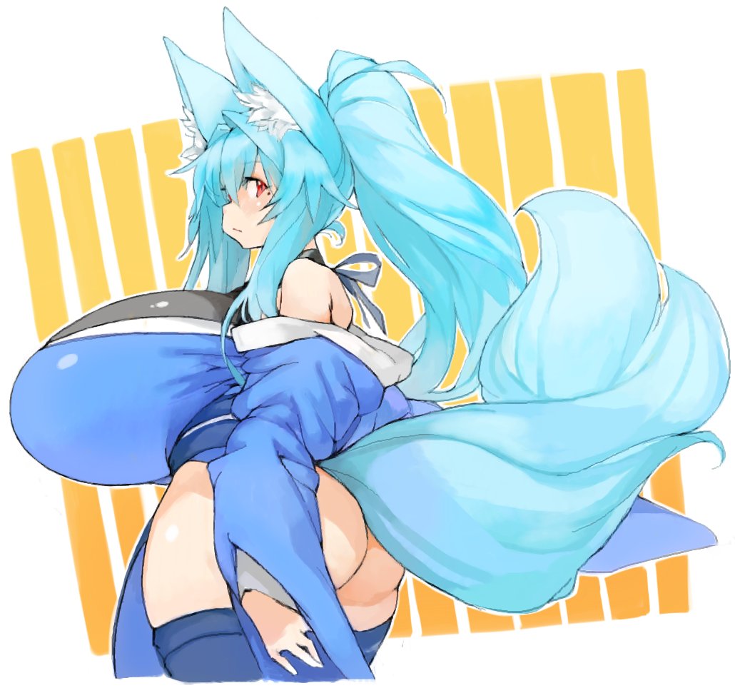 1girls, ass, big ass, blue kimono, breasts, cyan hair, female, fox ears, fox girl, fox tail, huge breasts, hyper breasts, kimono, kitsune, light skin, light-skinned female, looking at viewer, looking back, ponytail, red eyes, sachito, sideboob, solo