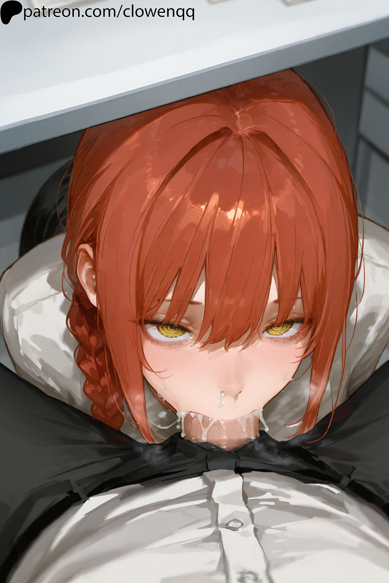 1boy, 1girls, ai generated, blowjob, braid, chainsaw man, clowenqq, cum, cum in mouth, deepthroat, fellatio, female, female focus, from above, highres, kneeling, looking at viewer, looking up, makima (chainsaw man), male, male/female, oral, oral penetration, oral sex, penis, penis in mouth, red hair, ringed eyes, stable diffusion, sucking, sucking penis, uncensored, under the table, yellow eyes