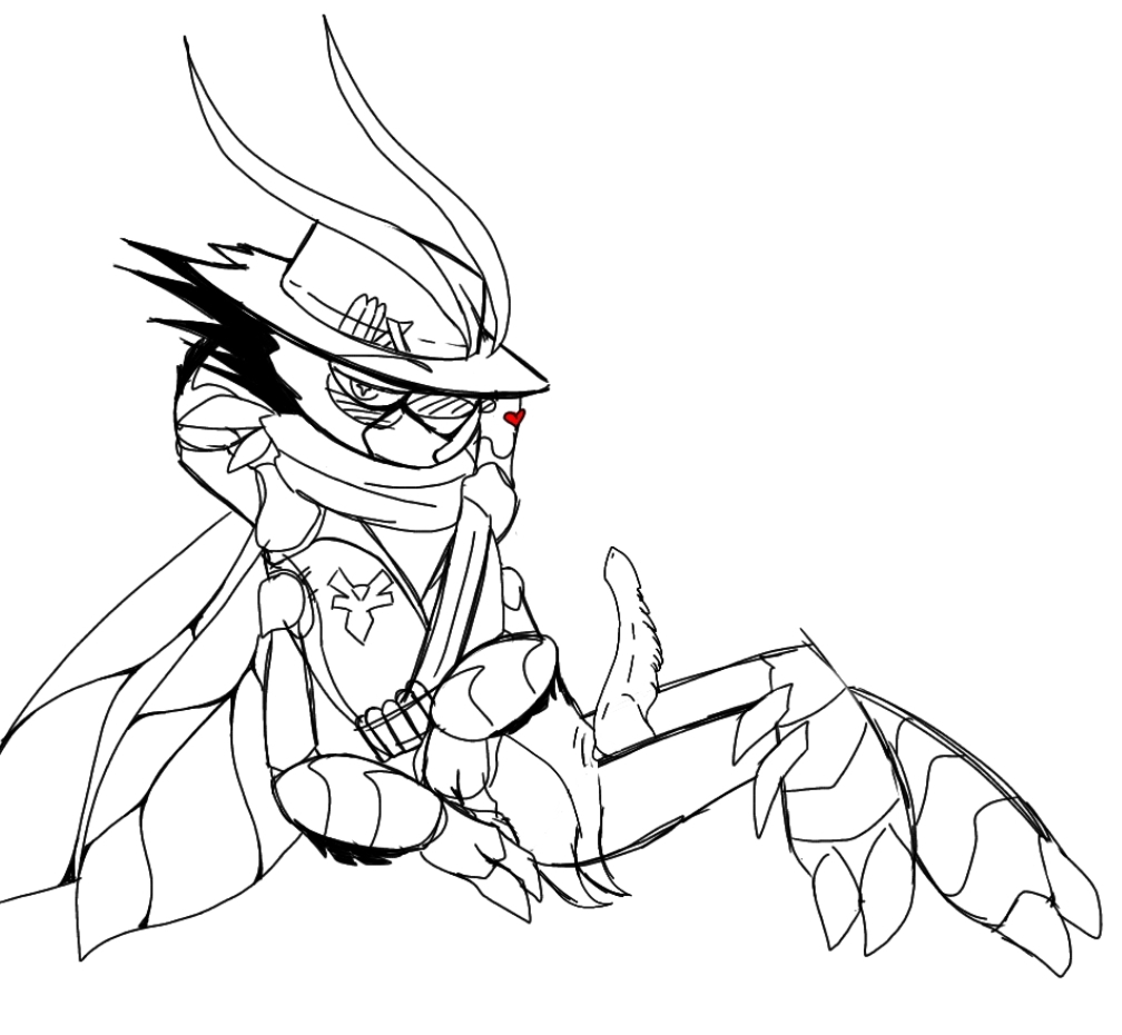 3_fingers antennae_(anatomy) anthro arthropod bedroom_eyes blush brawlhalla claws clothing crossed_legs fingers genitals grasshopper hands_behind_head hat headgear headwear heart humanoid insects knot locust male mandibles multi_arm multi_limb narrowed_eyes orthopterid penis reno_(brawlhalla) scarf seductive solo spiked_penis spikes spikes_(anatomy) wings