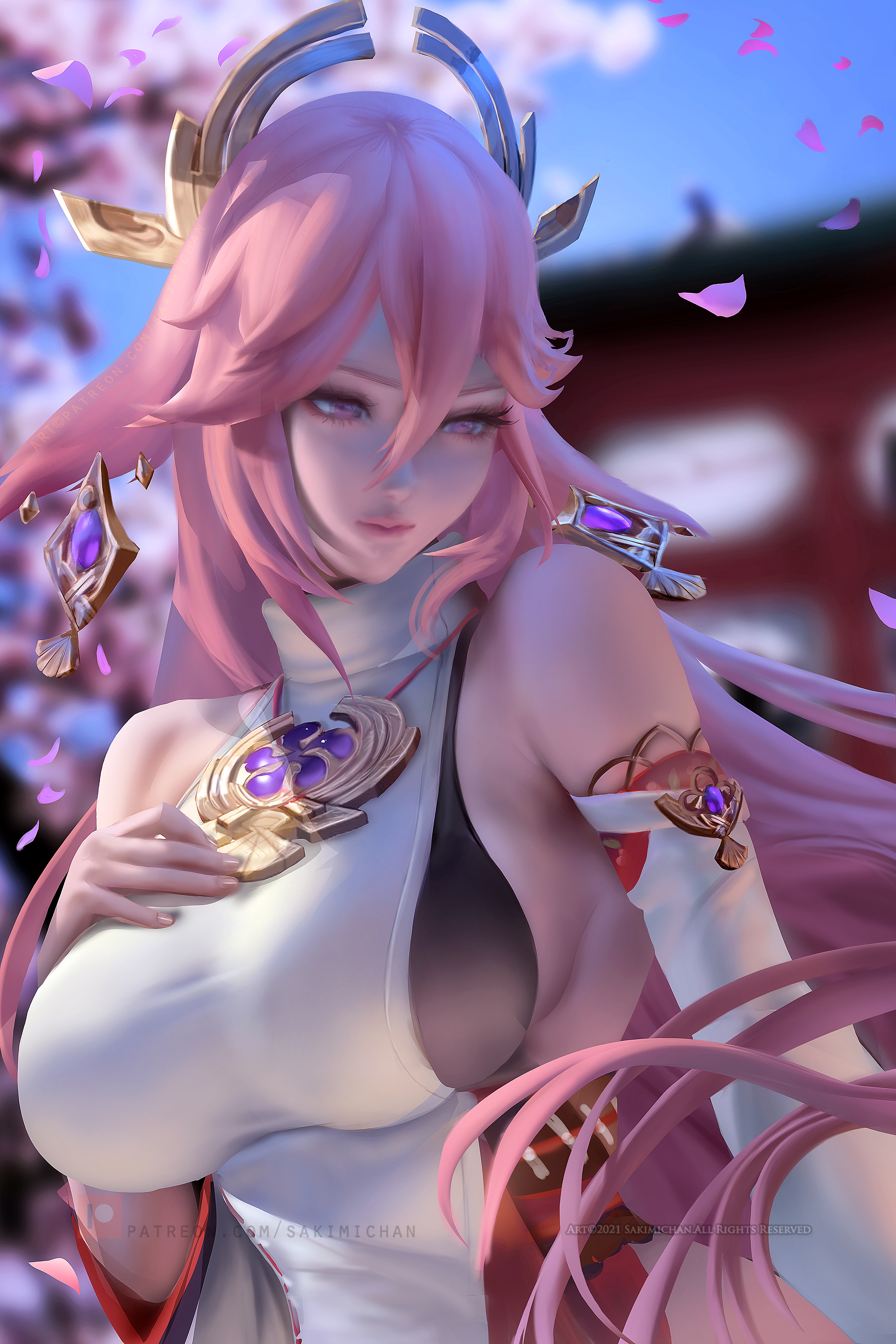 breasts, female, genshin impact, huge breasts, pink hair, sakimichan, yae miko