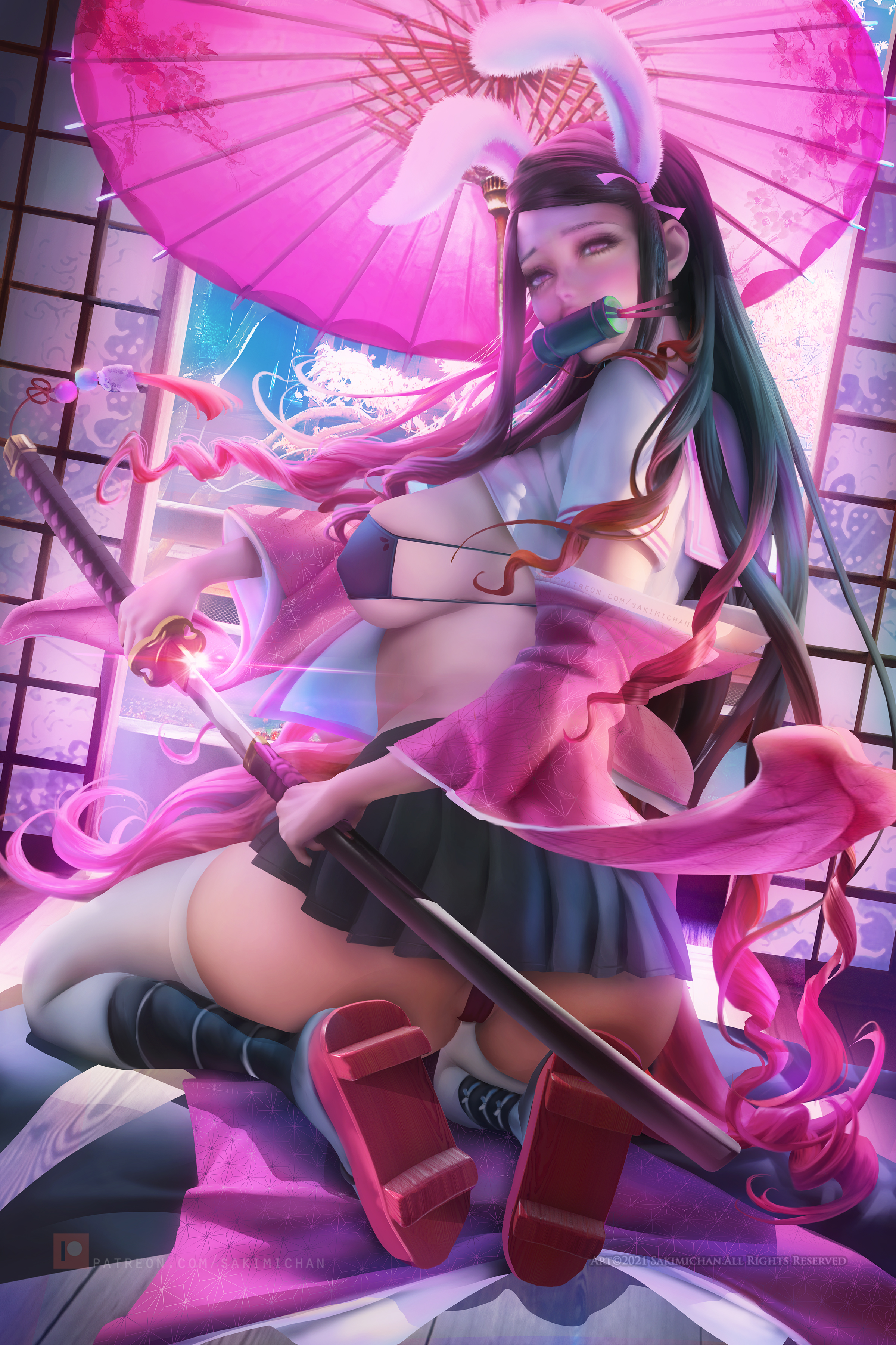 1girls, adult swim, aged up, alternate costume, ass, big ass, big breasts, bikini, bikini top, black hair, black-haired female, breasts, bunny ears, demon slayer, detailed background, eyepatch bikini, female, female focus, female only, gag, geta, kamado nezuko, katana, kimetsu no yaiba, legwear, long hair, looking back, nipples covered, on knees, parasol, realistic, sakimichan, shouji, skirt, solo, solo female, solo focus, sword, thick thighs, thighhighs, toonami