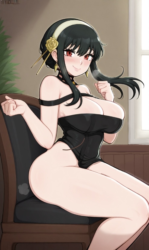 1girl afrobull_(style) ai_generated big_breasts big_thighs black_hair clothed edited yor_briar