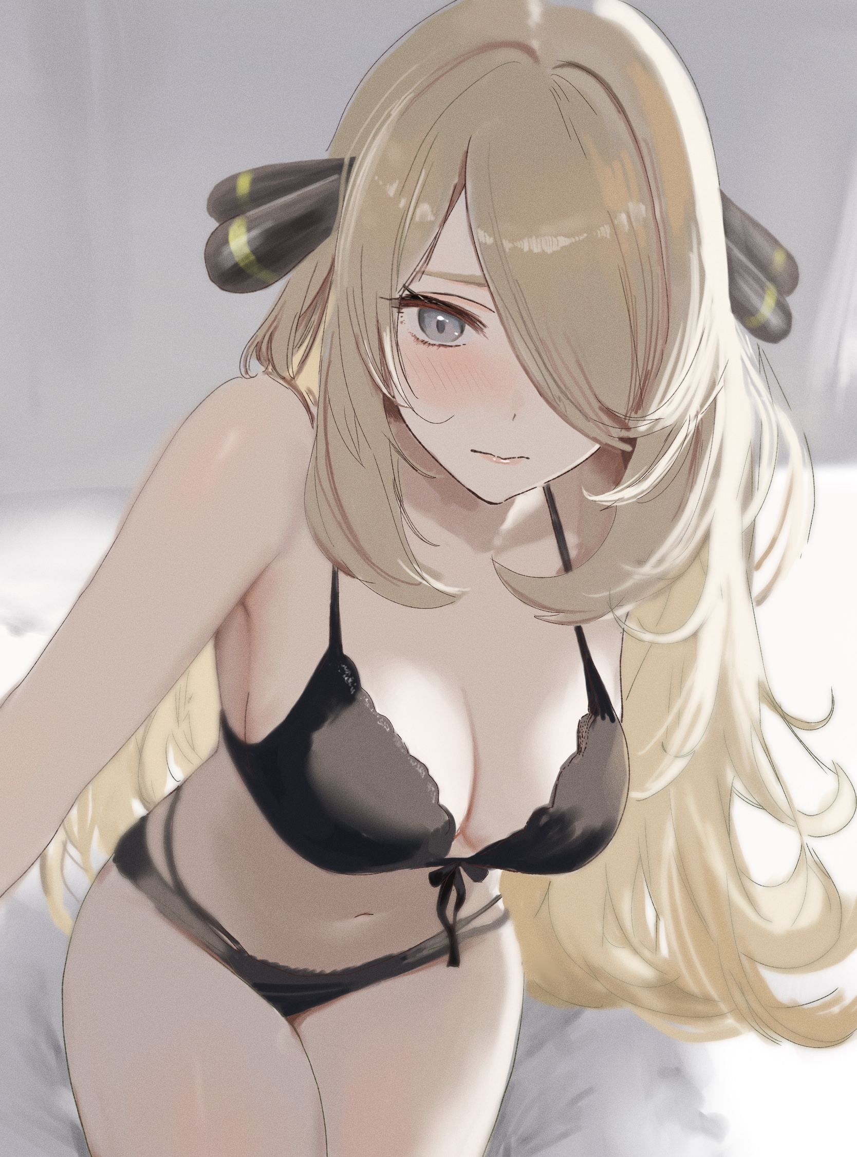 1girls, bare shoulders, bed, bed sheet, big breasts, black bra, black panties, blonde hair, blue eyes, bra, breasts, cleavage, cynthia (pokemon), female, hair over one eye, indoors, large breasts, leaning, leaning forward, midriff, nintendo, panties, pokemon, pokemon (game), pokemon dppt, ringosan2329, stomach, thighs, underwear, underwear only