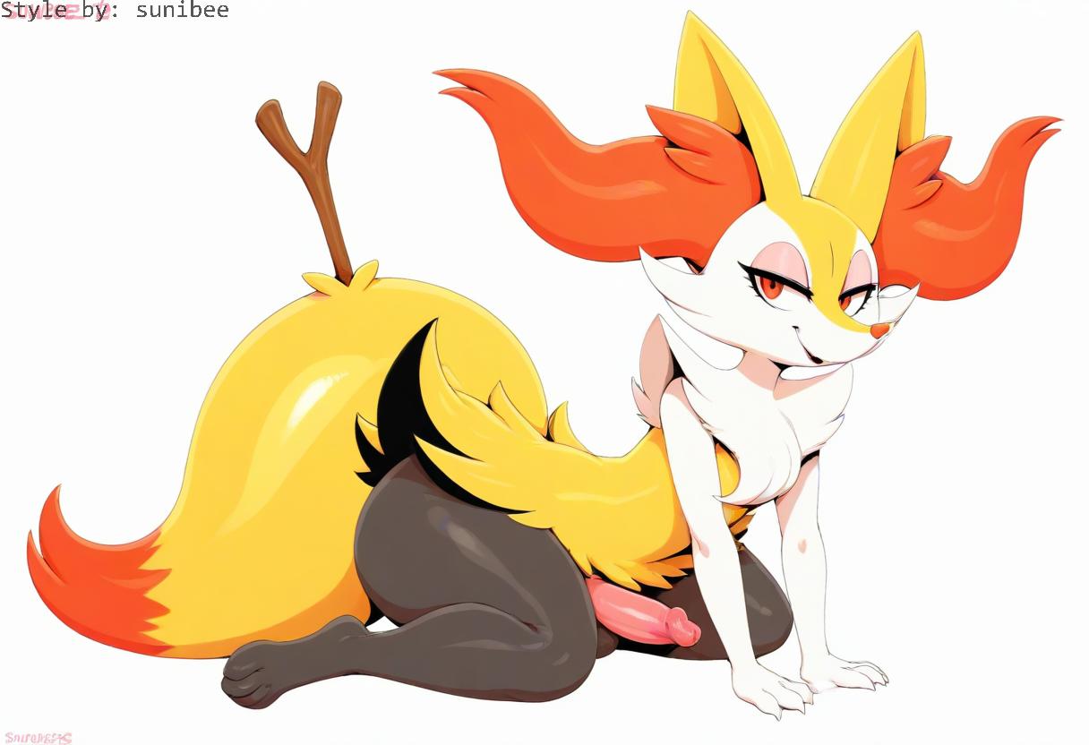 ai_generated anthro balls black_body black_fur braixen canid canine chest_tuft digital_media_(artwork) erection fur generation_6_pokemon genitals girly hellsonger hi_res humanoid_genitalia humanoid_penis inner_ear_fluff looking_at_viewer male mammal multicolored_fur narrowed_eyes nintendo nude orange_nose penis pokemon pokemon_(species) red_eyes red_nose seductive simple_background smile solo stick text thick_thighs tuft url white_background white_body white_fur wide_hips yellow_body yellow_fur