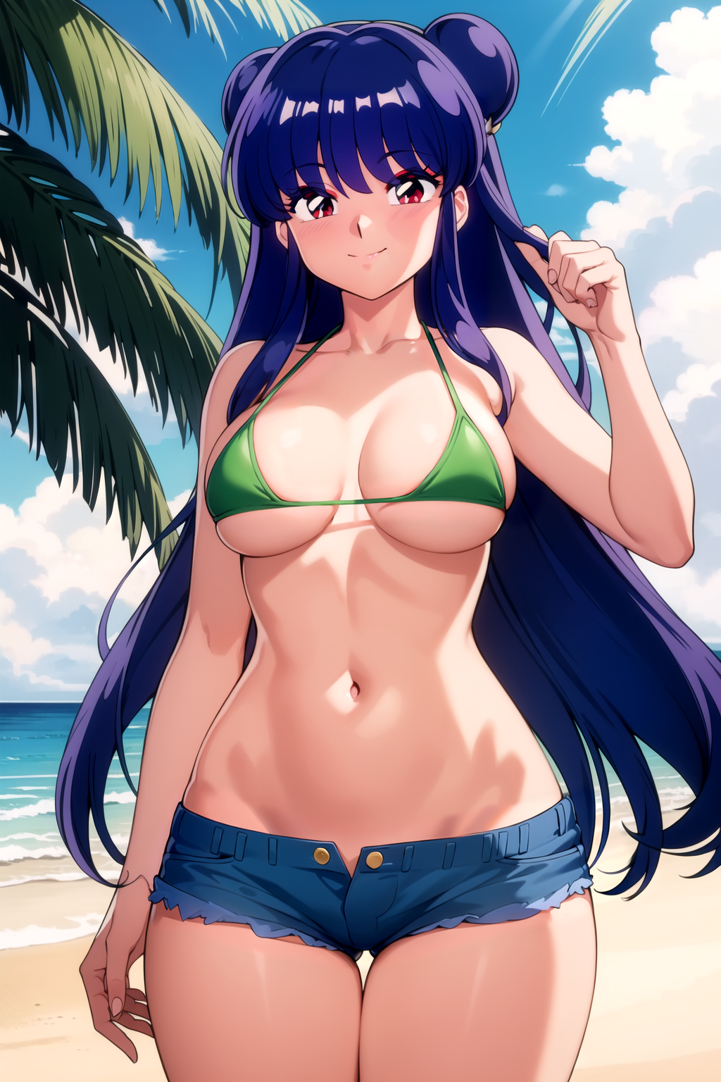 1girl ai_generated arm_at_side ass_visible_through_thighs bare_arms bare_shoulders beach bikini bikini_top_only bikini_under_clothes blue_shorts blue_sky blush breasts breasts_apart cleavage closed_mouth cloud cloudy_sky collarbone cosplay cowboy_shot curled_fingers curvy cutoffs day denim denim_shorts double_bun female green_bikini hair_bun hair_twirling halterneck hand_up horizon large_breasts linea_alba long_hair looking_at_viewer medium_breasts micro_shorts navel no_shirt ocean open_fly open_shorts outdoors palm_leaf palm_tree pixiv playing_with_own_hair purple_hair ranma_1/2 red_eyes rei_miyamoto rena_aikawa_(pixiv_user) sand shampoo_(ranma_1/2) shore short_shorts shorts sidelocks skindentation sky smile solo stable_diffusion standing stomach strap_gap sunlight swimsuit tagme thigh_gap thighs tree unbuttoned underboob very_long_hair water wide_hips