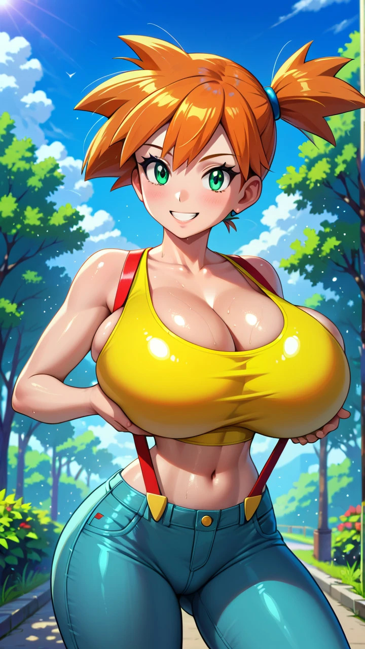 1girls ai_generated big_breasts breasts cleavage denim_bottomwear denim_clothing denim_shorts female female_focus female_only game_freak huge_breasts jiuyang-hsien kasumi_(pokemon) large_breasts light-skinned_female light_skin nintendo orange_hair pokemon short_hair solo tank_top