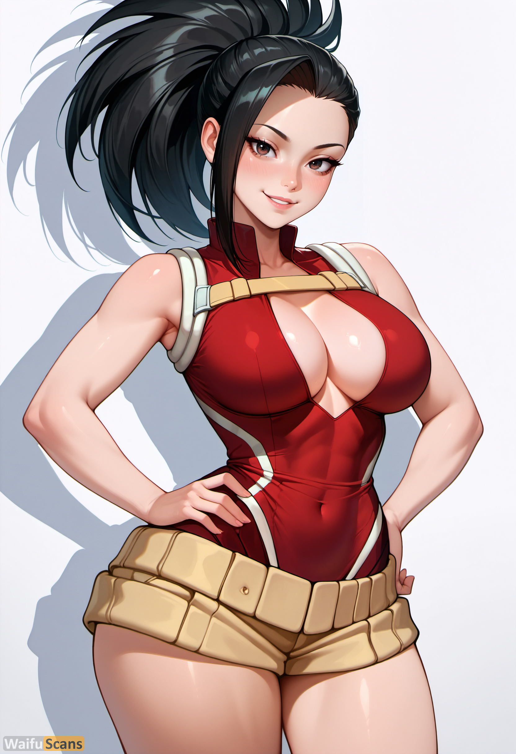 ai generated, artist name, bare arms, bare shoulders, belt, black hair, blush, breasts, brown eyes, cleavage, collarbone, covered navel, cowboy shot, female, hair pulled back, hands on hips, high resolution, highres, large breasts, leotard, lips, long hair, looking at viewer, momo yaoyorozu, my hero academia, ponytail, red leotard, shiny, shiny skin, simple background, smile, solo, stable diffusion, thighs, waifuscans418, white background