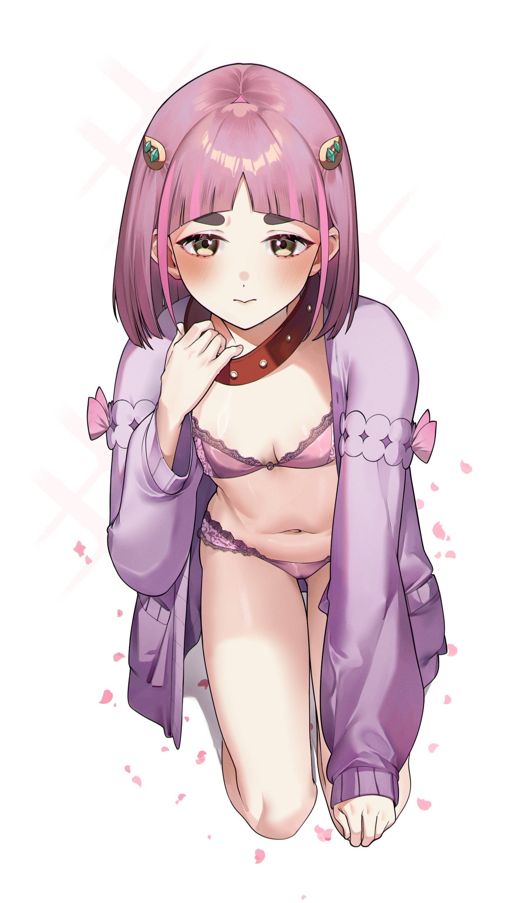3:, absurdres, animal collar, arched bangs, blush, bob cut, bow, bra, breasts, breasts apart, closed mouth, collar, eredhen, fanged bangs, female, female only, full body, gluteal fold, hair ornament, hand up, highres, jacket, kneeling, lace, lace trim, lace-trimmed bra, lacey (pokemon), lingerie, long sleeves, looking at viewer, middle part, mismatched eyebrows, multicolored hair, navel, nintendo, open clothes, open jacket, panties, petals, pink bow, pink bra, pink hair, pink panties, pink petals, pink streaks, pocket, pokemon, pokemon sv, purple jacket, red collar, shiny skin, short hair, simple background, sleeve bow, small breasts, solo, stomach, streaked hair, thick eyebrows, thigh gap, thighs, thong, two-tone hair, underwear, white background, yellow eyes