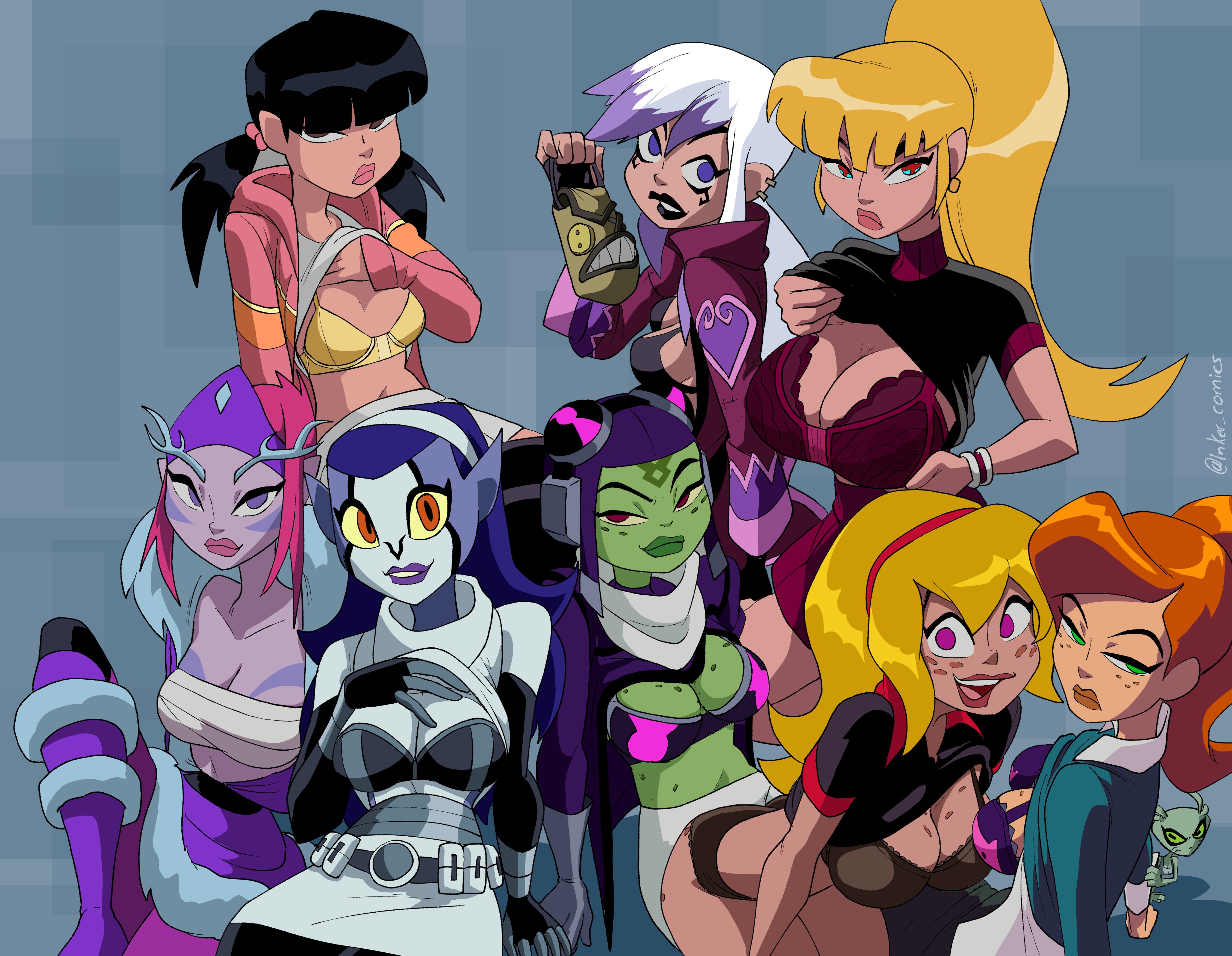 8girls, alien, alien girl, attea, ben 10, ben 10 omniverse, black hair, blonde hair, blue hair, bra, breasts, cartoon network, charmcaster, charmcaster (omniverse), colored, coolerinker, ester, ester (ben 10), female, female only, galvan, galvan (ben 10), gwen tennyson, gwen tennyson (omniverse), gwen tennyson (the more things change), human, incursean, inker comics, inkershike, julie yamamoto, kraaho, lenopan, lifting shirt, lucy mann, luhley (ben 10), mazuma, multiple females, multiple girls, presenting breasts, red hair, revonnahgander, rook shar