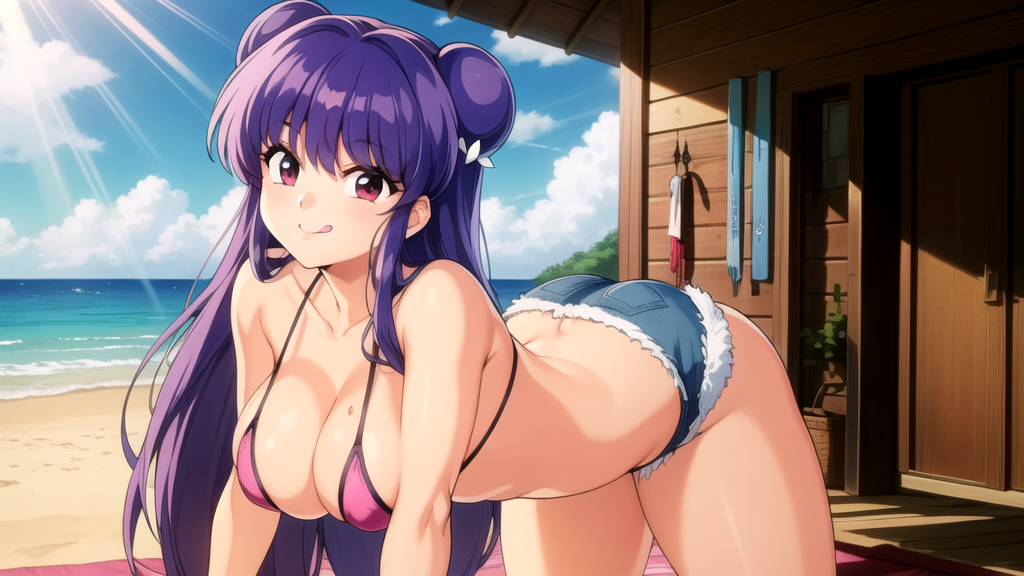 16:9_aspect_ratio 1girl :q ai-created ai_generated all_fours ass bangs bare_shoulders beach bikini bikini_top bikini_top_only blue_shorts blue_sky blush breasts clavicle cleavage closed_mouth clothing cloud cutoffs day denim denim_shorts double_bun female female_only hair_bun hair_ornament halterneck indoors large_breasts licking_lips light_rays long_hair looking_at_viewer male mole mole_on_breast navel ocean open_mouth outdoors pink_bikini pink_swimsuit pixiv purple_bikini purple_eyes purple_hair purple_swimsuit ranma_1/2 red_eyes rena_aikawa_(pixiv_user) sand shampoo_(ranma_1/2) shiny short_shorts shorts sidelocks sky smile solo solo_focus stable_diffusion string_bikini sunbeam sunlight swimsuit tagme thighs tied_hair tongue tongue_out very_long_hair water