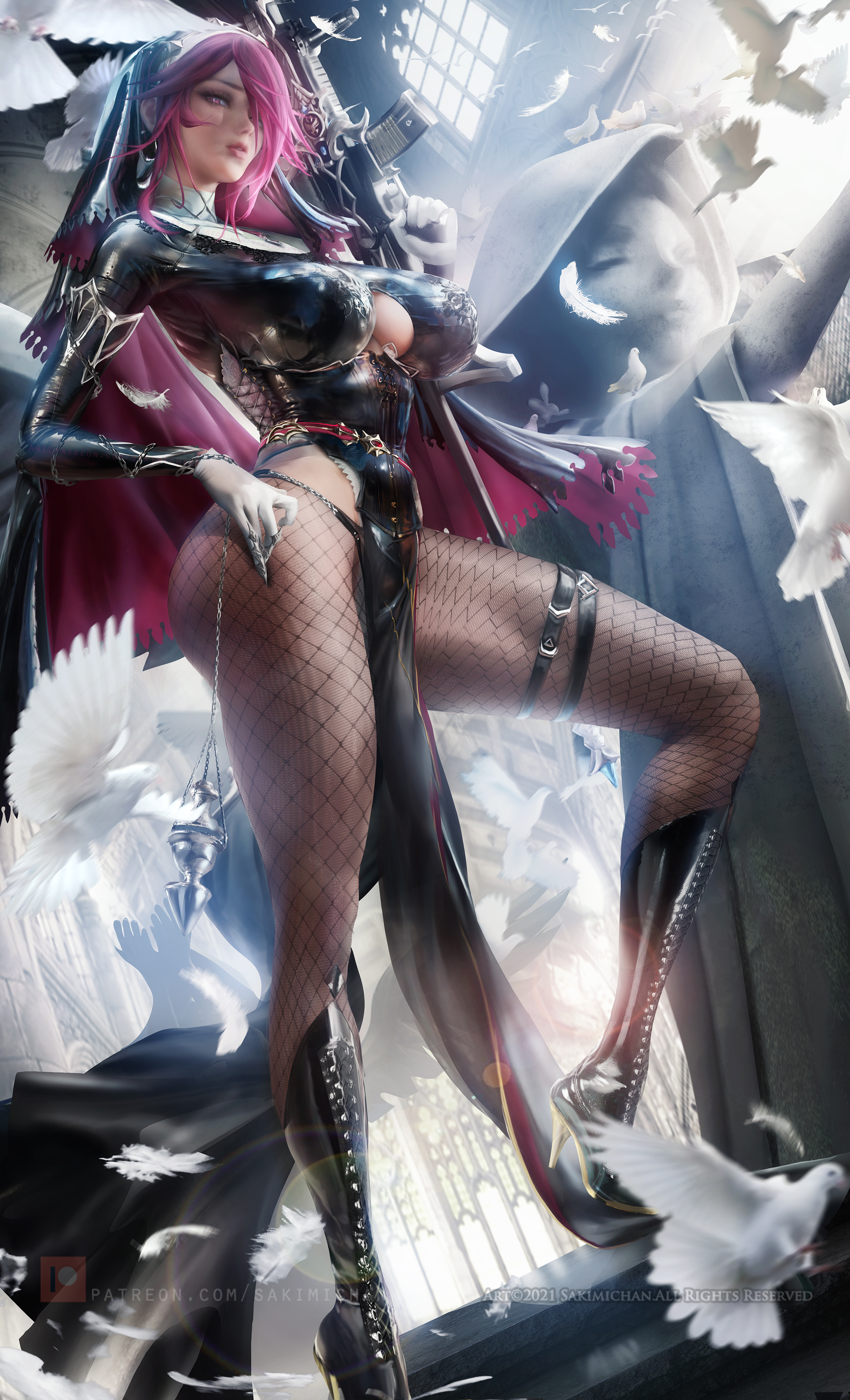 1girls, breasts, female, female focus, female only, genshin impact, gun, hourglass figure, huge breasts, rosaria (genshin impact), sakimichan, solo, solo female, solo focus, thick thighs
