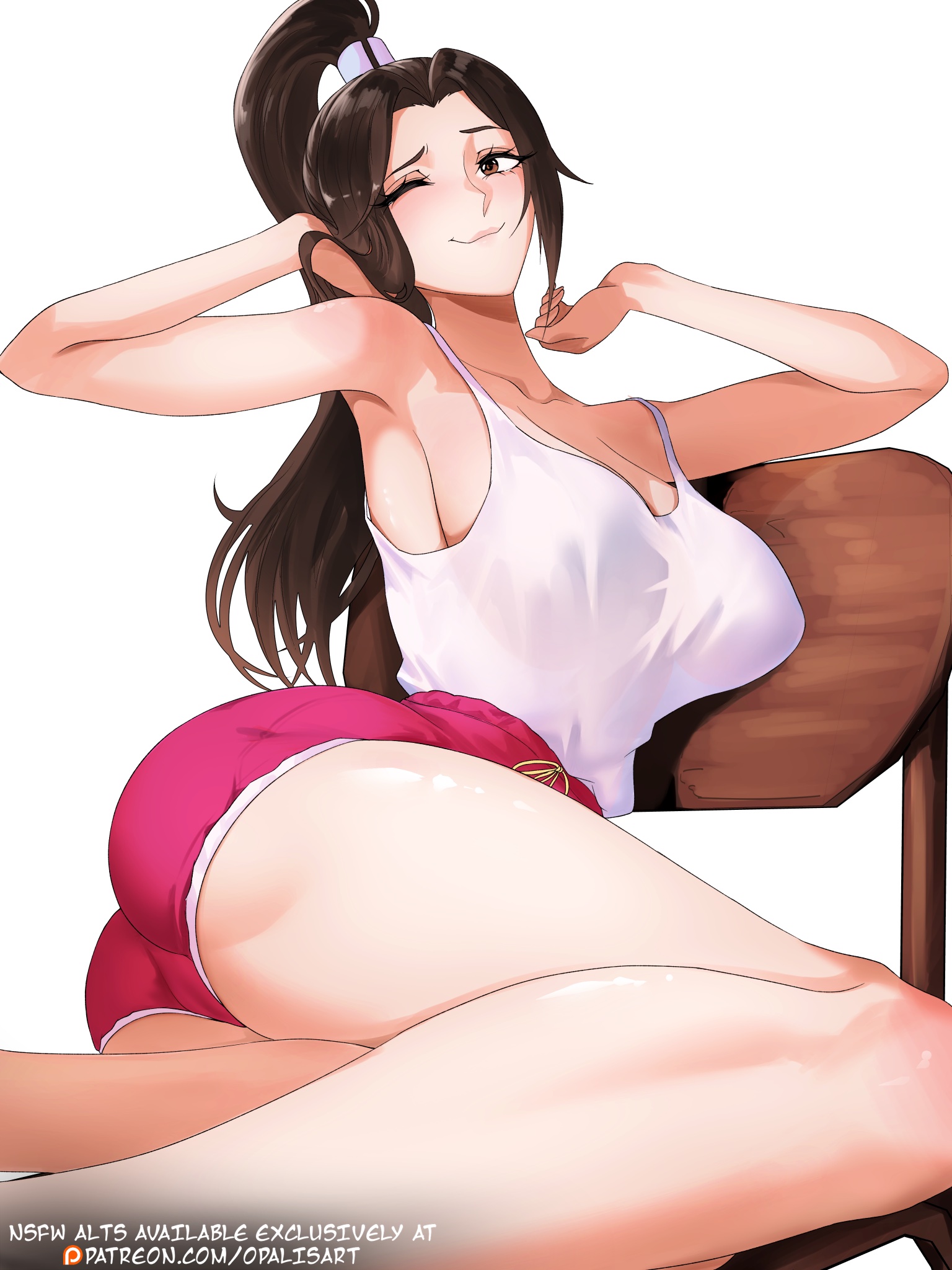 1girls, alternate costume, big breasts, breasts, chair, fatal fury, female, female focus, female only, hi res, human, human only, light skin, light-skinned female, mai shiranui, mai shiranui (casual), opalisart, ponytail, shorts, sideboob, snk, solo, solo female, tank top