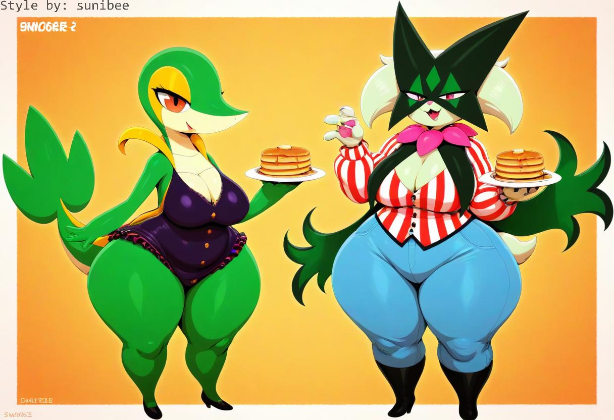 absurd_res ai_generated anthro big_breasts breasts cleavage clothed clothing curvy_figure duo eyelashes female food footwear generation_5_pokemon generation_9_pokemon green_body hair hellsonger hi_res high_heels looking_at_viewer meowscarada nintendo open_mouth pancake plate pokemon pokemon_(species) reptile scalie shoes smile snivy text thick_thighs wide_hips