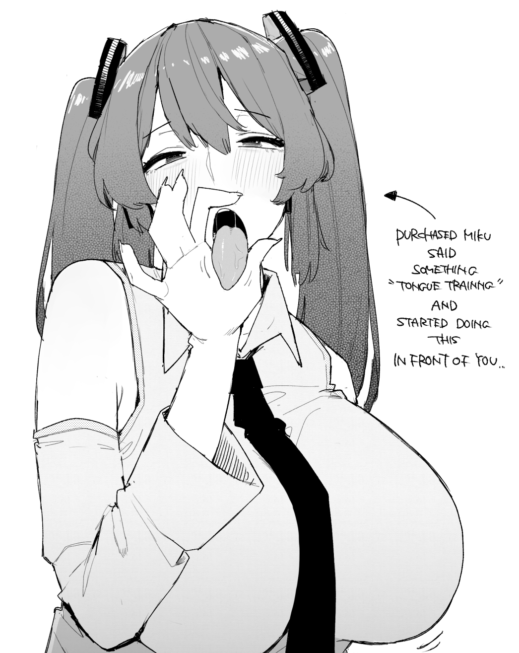 1girl, ahe gao, big breasts, black and white, blush, breasts, caption, detached sleeves, english text, fellatio gesture, female, greyscale, handjob gesture, hatsune miku, jerkoff visual assistance, large breasts, long hair, looking at viewer, monochrome, necktie, ohasi, ohasiart, open mouth, oral invitation, saliva, sexually suggestive, shoulders, solo, tongue, tongue out, twintails, vocaloid