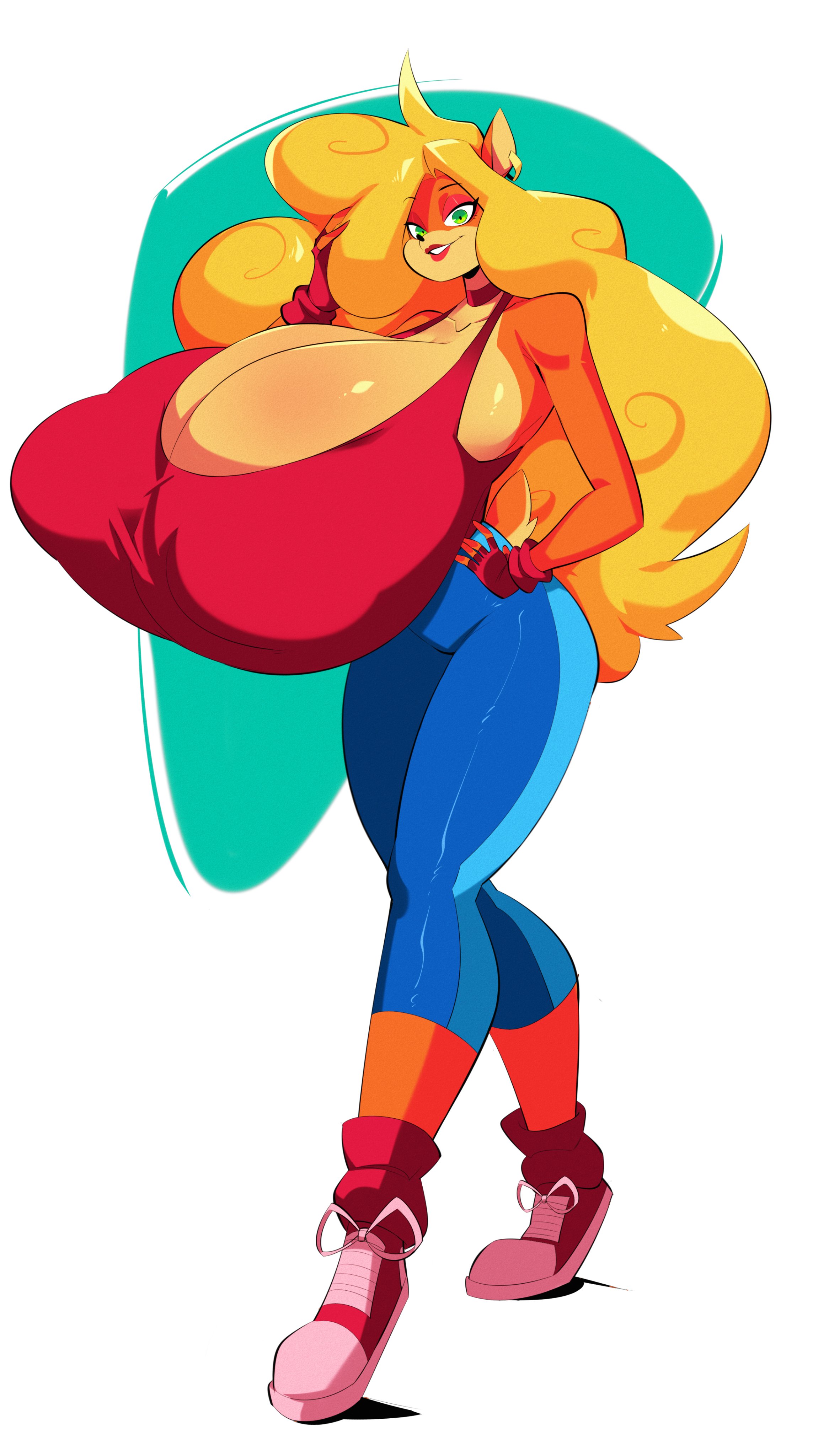 anthro, bandicoot, big breasts, blonde female, blonde hair, breasts, breasts bigger than head, breasts bigger than torso, cleavage, crash (series), davix-ilustrador, female, female furry, furry, furry female, gigantic breasts, huge breasts, hyper breasts, jdwalkrat, large breasts, shoes, sneakers, tawna bandicoot, top heavy, top heavy breasts