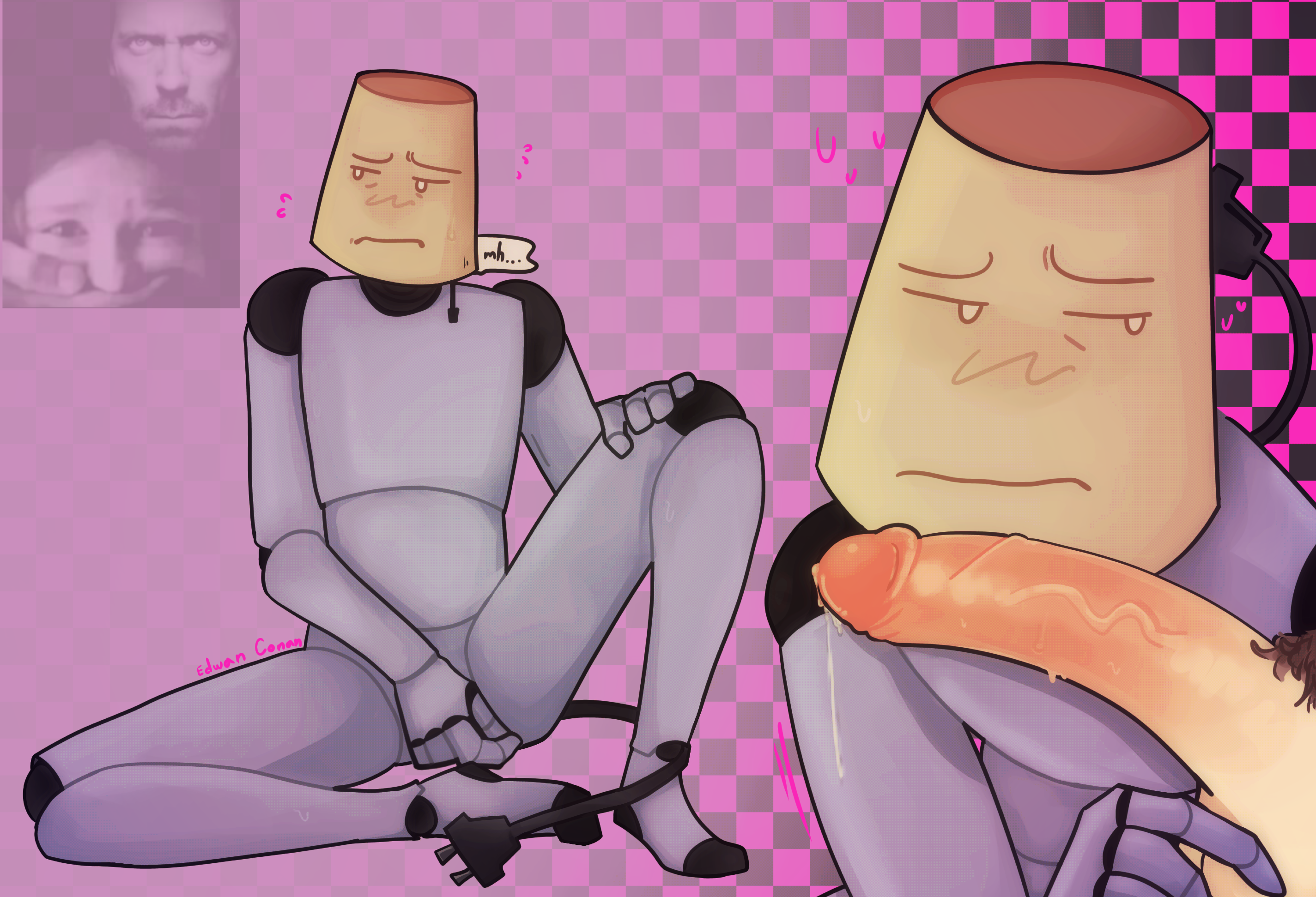 2boys, artist name, artist signature, big penis, blush, dick, edwan conan, gay, infected (regretevator), lamp, lampert (regretevator), male, male focus, male only, male/male, meme, meme in the background, object head, offscreen character, penis, penis on face, precum, precum drip, regretevator, roblox, roblox game, robloxian, robot, robot boy, robot joints, self upload, solo focus, tagme, veiny penis