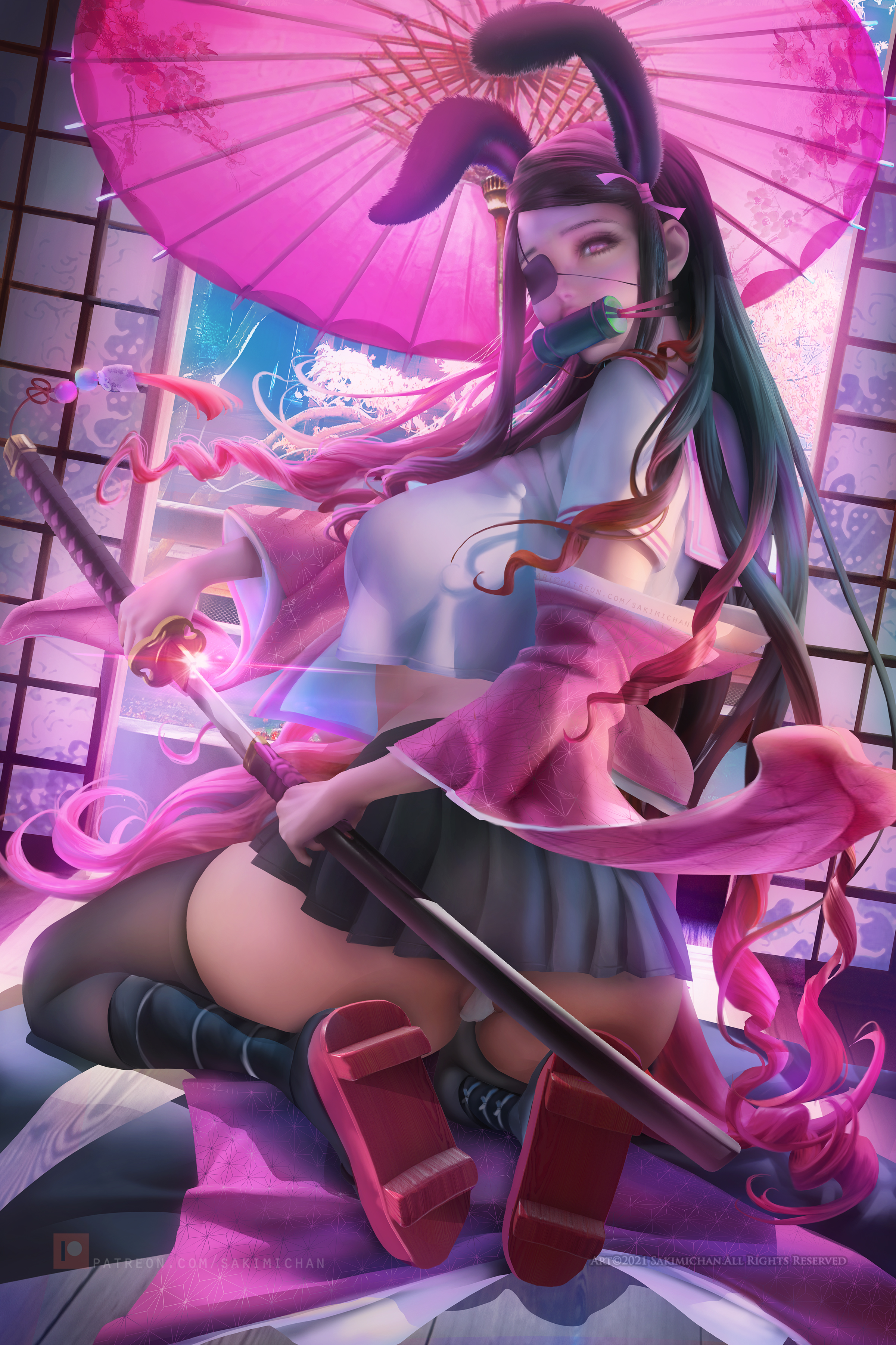1girls, aged up, alternate costume, ass, big ass, big breasts, black hair, black-haired female, breasts, bunny ears, clothed, demon slayer, detailed background, female, female only, gag, geta, kamado nezuko, katana, kimetsu no yaiba, legwear, on knees, panties, parasol, realistic, sakimichan, school uniform, shouji, solo, solo female, sword, thick thighs, thighhighs, underwear
