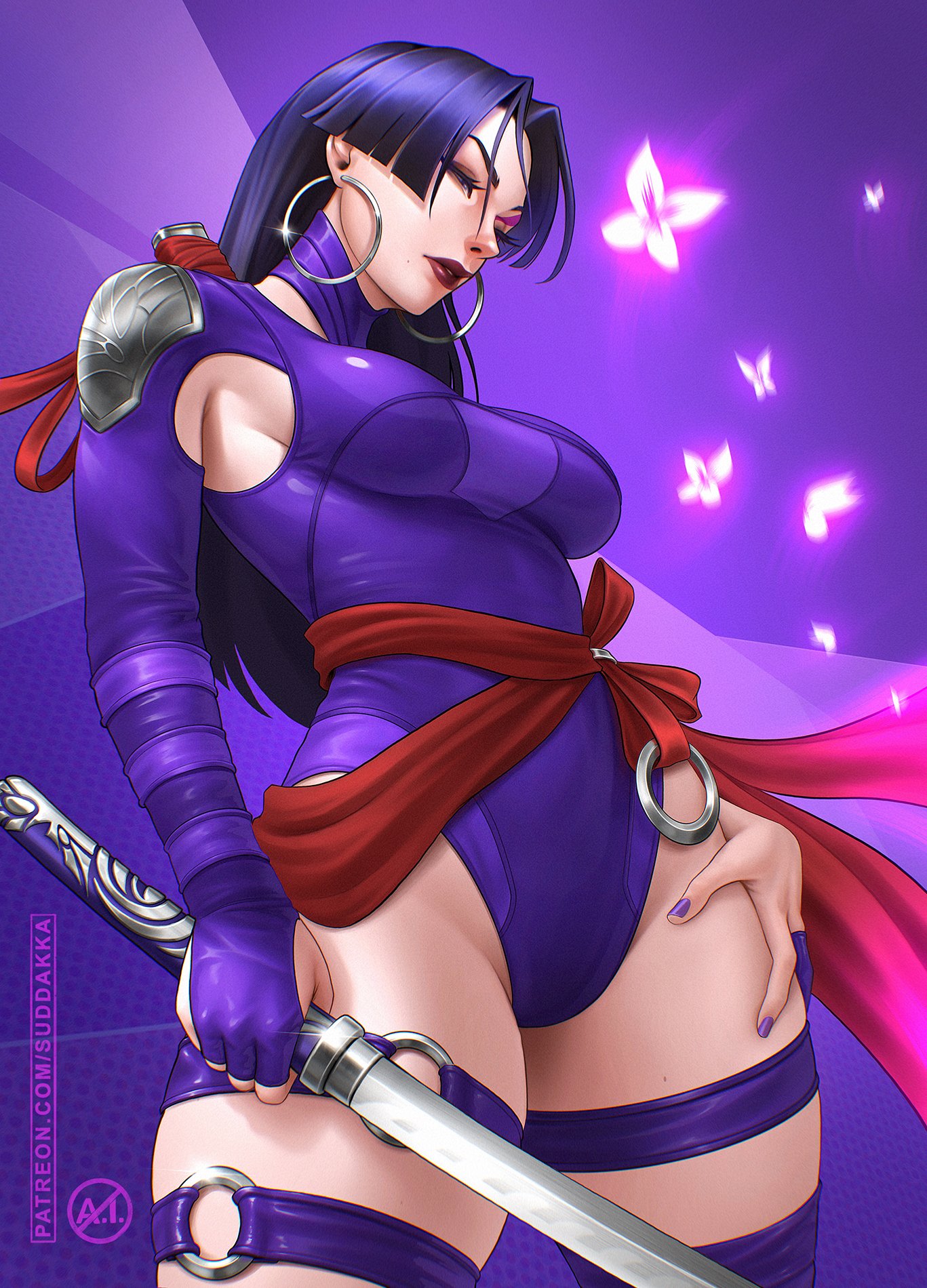 1girls, 2025, 2d, 2d (artwork), artist name, ass, big ass, big breasts, breasts, clothed, clothed female, construct, earrings, energy, esper, female, female focus, female only, indigo hair, katana, light skin, light-skinned female, long hair, marvel, marvel comics, marvel rivals, medium breasts, patreon, patreon username, powers, psylocke, psylocke (sai) (vengeance), questionable, realistic breast size, realistic proportions, sfw, solo, solo female, straight hair, suddakka, superheroine, sword, thick thighs, weapon