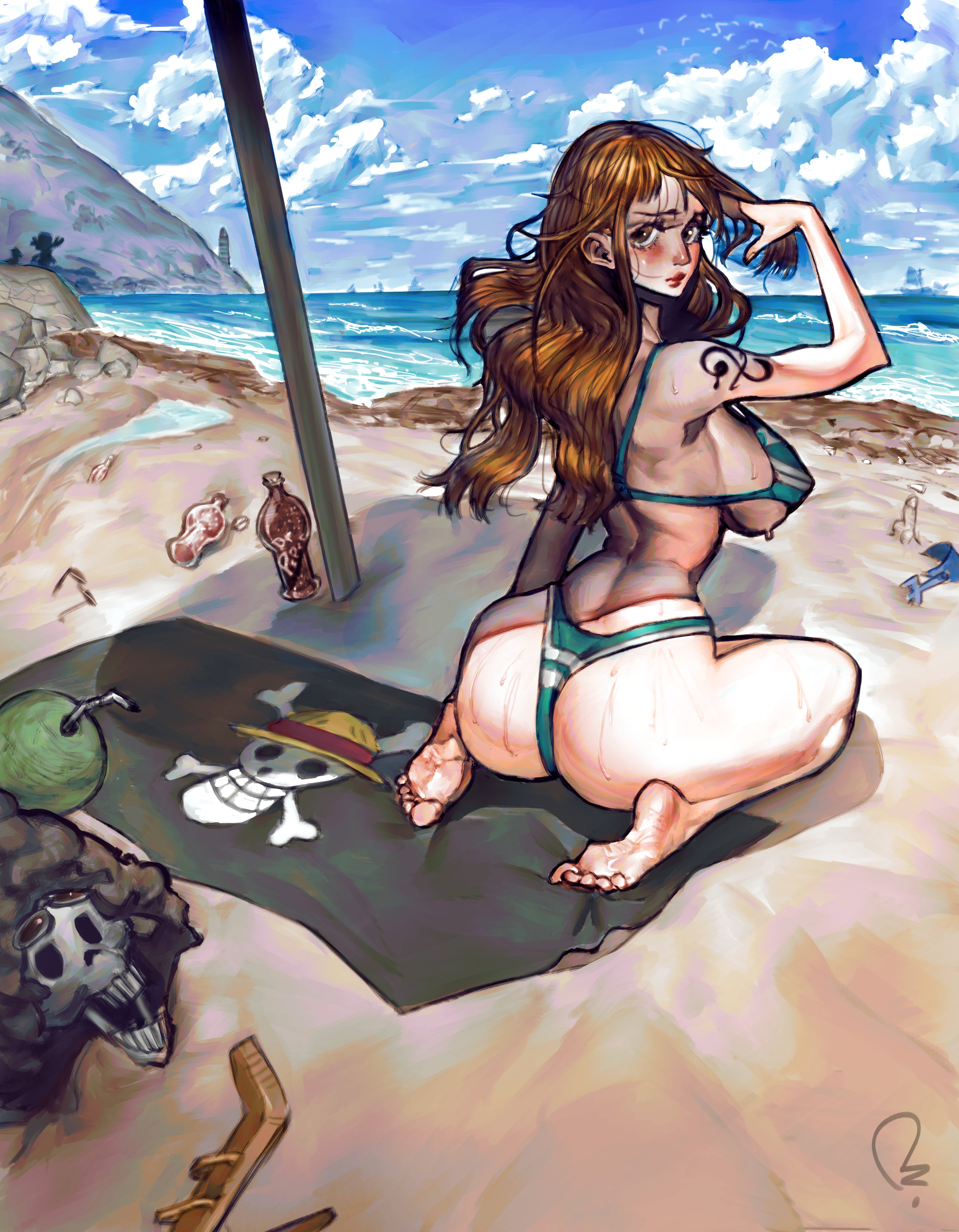 1girls, 2024, 3boys, absurd res, alternate version at source, alternate version available, arm tattoo, ass, balls, bare legs, bare shoulders, barefoot, beach, beach background, beach towel, beach umbrella, bikini, bikini bottom, bikini top, black tattoo, blue bikini, blue sky, blush, bodily fluids, bodily fluids in ass, breasts, brook (one piece), brown eyes, clothing, coconut, extinctyellow, female, female focus, flag, glasses, glasses on head, kneeling, light skin, light-skinned female, long hair, looking at viewer, looking back, male, monkey d luffy, nami (one piece), one piece, orange hair, orange-haired female, pale skin, pale-skinned female, penis, sand, shueisha, skull, soda, soda bottle, solo focus, sweat, tattoo, tattoo on arm, thong, tony tony chopper, watermark, wide hips