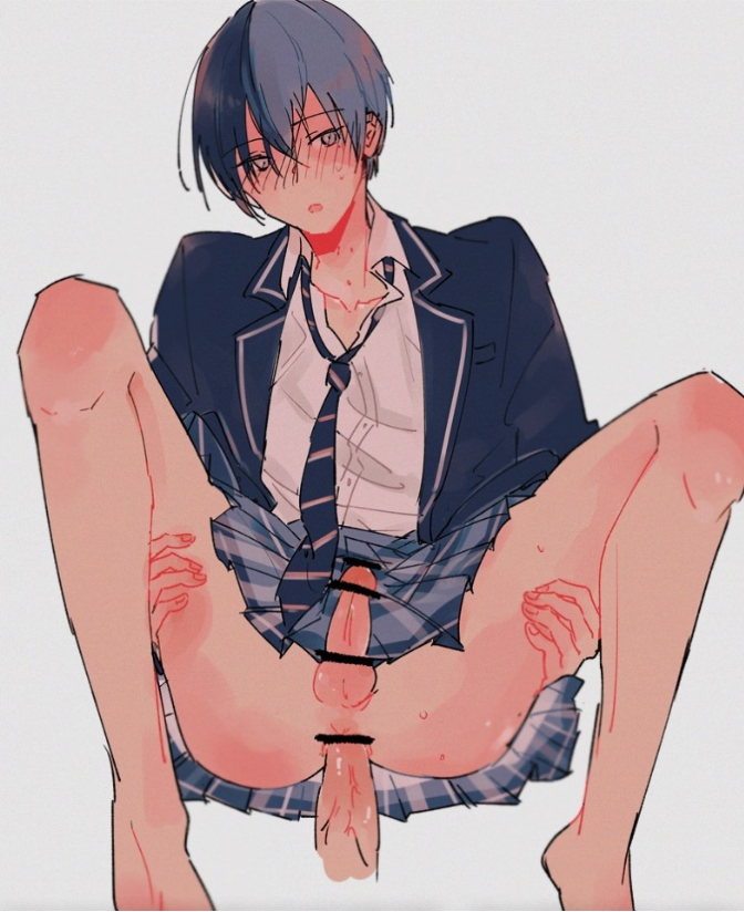 aoyagi_touya ass_penetration blush censored_anus censored_penis crossdressing flexible gay_sex hickey_marks holding_legs male male/male male_only open_legs penetration project_sekai school_boy school_uniform skirt_up two_tone_hair