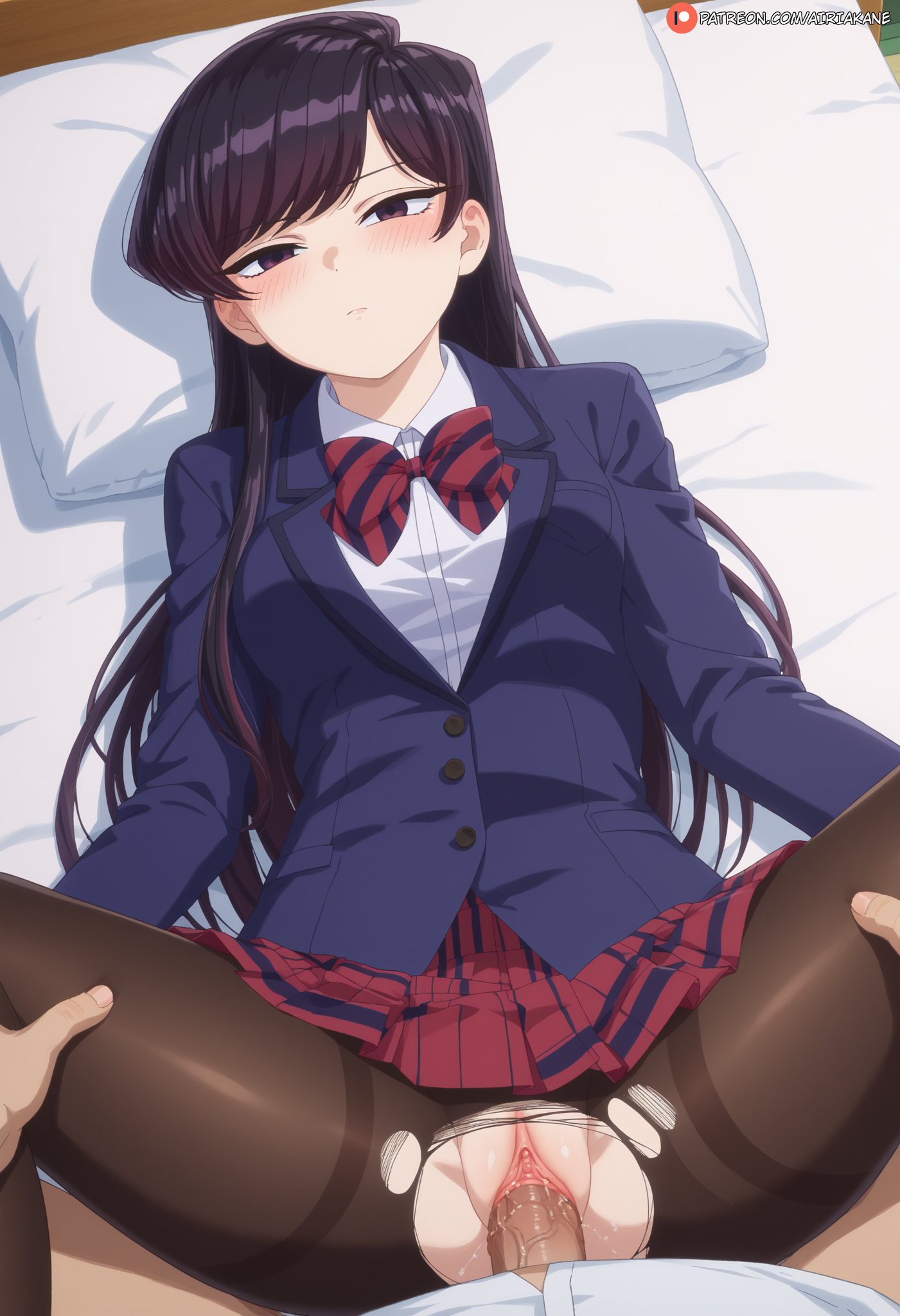 1boy, 1girls, ai generated, airiakane, asian, asian female, bare thighs, big breasts, big penis, black eyes, black hair, blush, breasts, female, huge cock, huge thighs, komi shouko, komi-san wa komyushou desu, light skin, light-skinned female, light-skinned male, long hair, looking at viewer, male, missionary position, no panties, on back, pantyhose, penis, pussy, ripped stockings, school uniform, schoolgirl, sex, skirt, spread legs, squatting, stockings, sweat, sweatdrop, thick body, thick female, thick thighs, thighhighs, thighs, vaginal penetration, veiny penis, voluptuous, voluptuous female