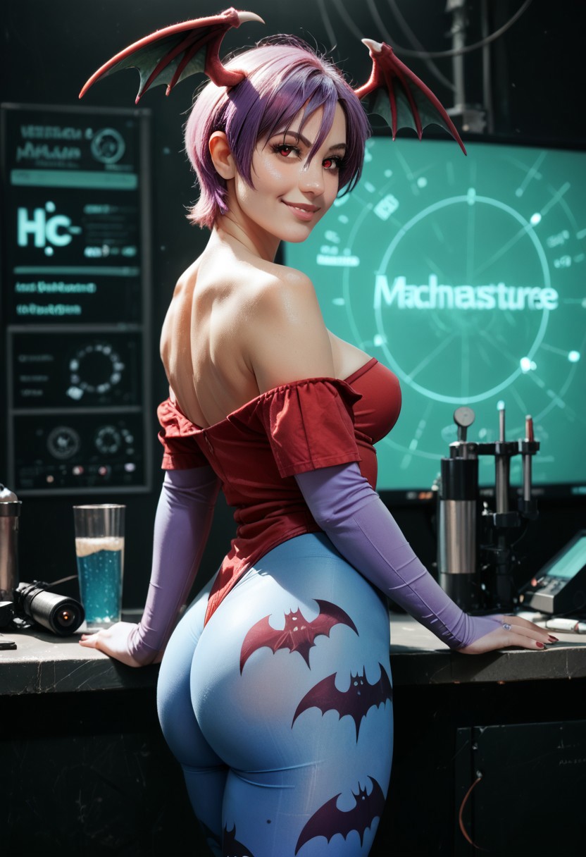 ai_generated ass ass, bat_wings big_ass big_butt civitai darkstalkers head_wings leotard lilith_aensland panviewai pinup purple_hair red_eyes short_hair stockings succubus thighs wings