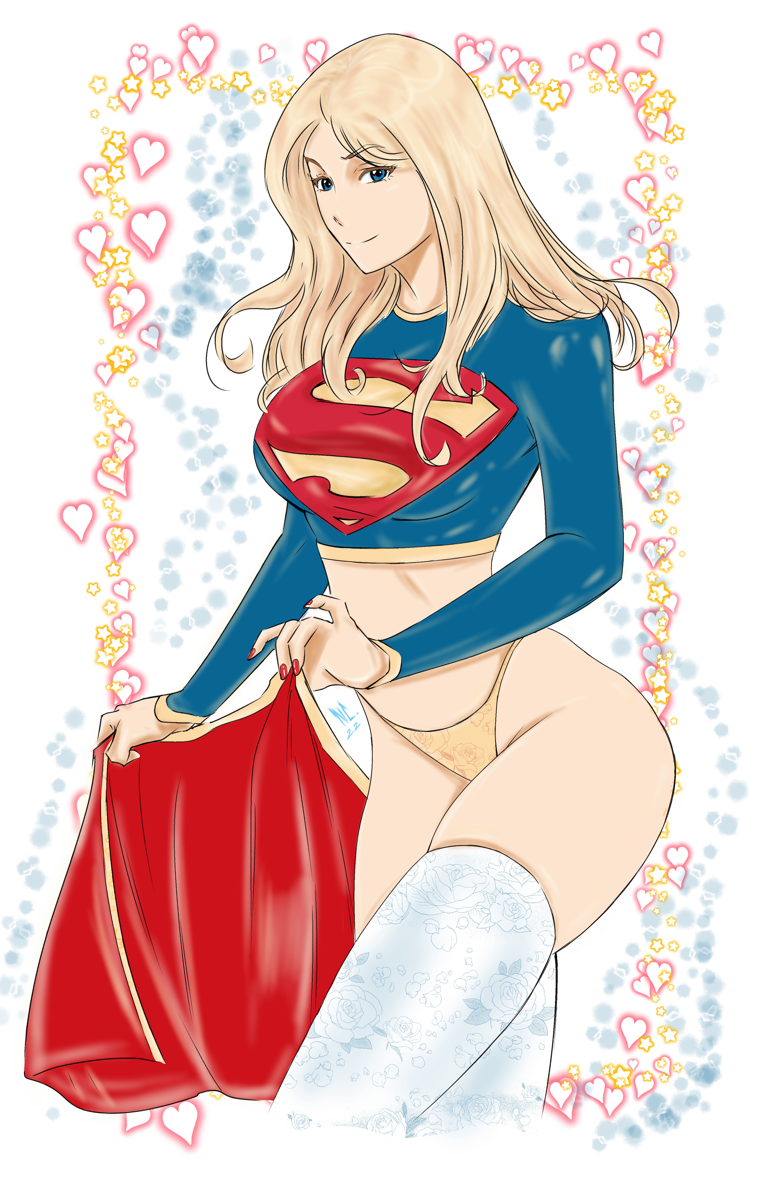 1girls, blonde hair, blue eyes, dc, dc comics, female, female only, kara danvers, kara zor-el, kryptonian, light skin, light-skinned female, long hair, nail polish, neo (artist), painted nails, panties, skindentation, skirt removed, solo, solo female, solo focus, stockings, supergirl, supergirl (volume 5), superheroine, superman (series), thick thighs, wide hips