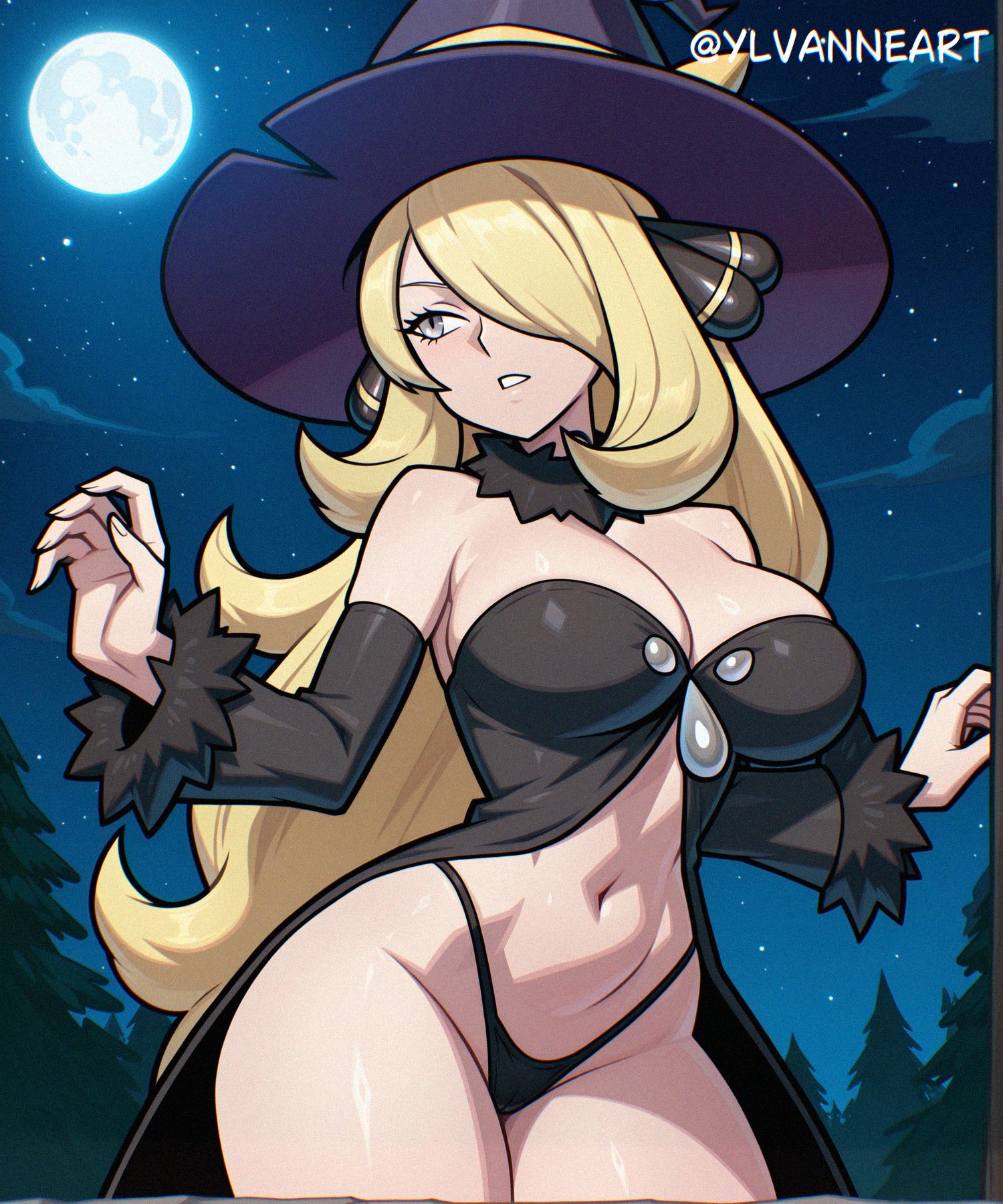 1girls, black underwear, blonde female, blonde hair, cynthia (pokemon), female, game freak, nintendo, pokemon, pokemon dppt, underwear, witch, witch hat, ylvanne