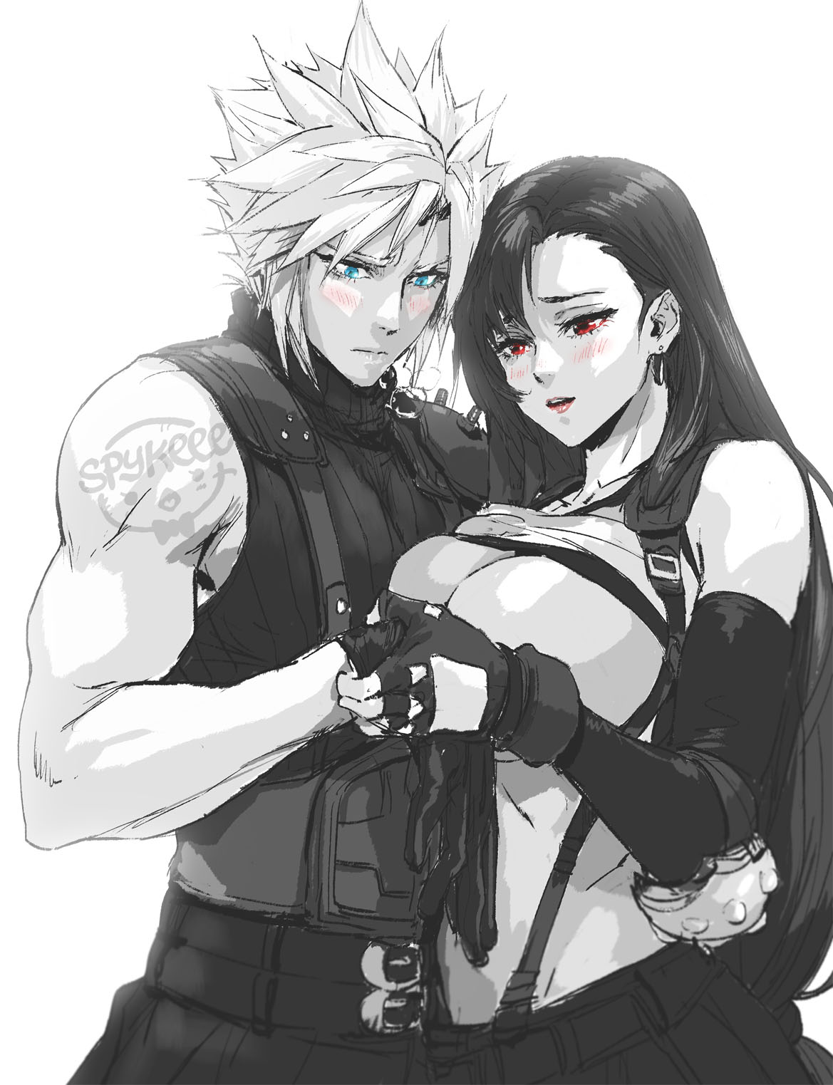 1boy, 1girls, black hair, blue eyes, blush, breasts, breasts out, clothes lift, cloud strife, earrings, elbow gloves, female, final fantasy, final fantasy vii, final fantasy vii remake, fingerless gloves, gloves, greyscale, highres, jewelry, large breasts, long hair, male, monochrome, red eyes, shirt lift, short hair, skirt, spiked hair, spykeee, straight, suspender skirt, suspenders, tifa lockhart, undressing another