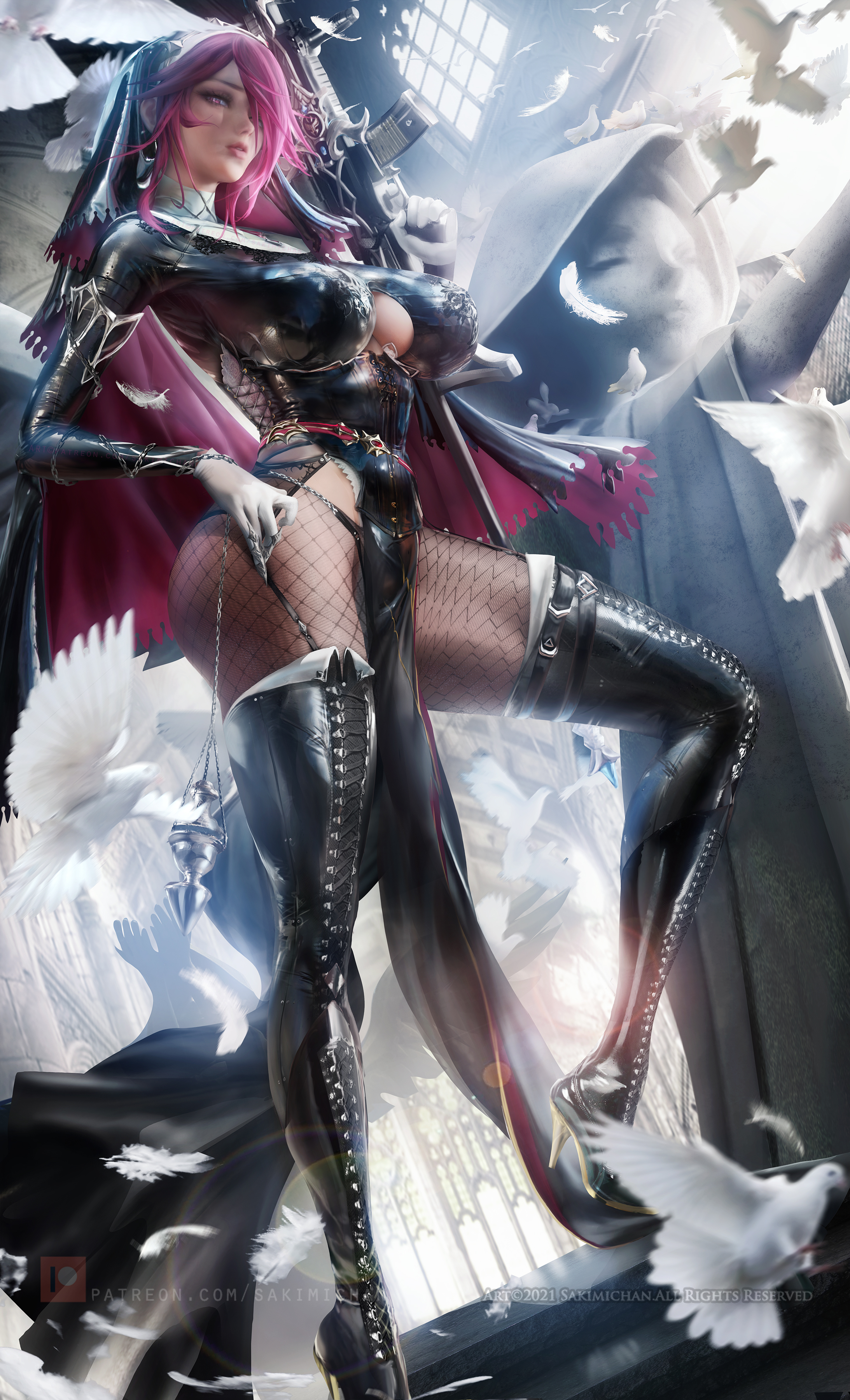 1girls, breasts, female, female focus, female only, fishnets, genshin impact, gun, hourglass figure, huge breasts, rosaria (genshin impact), sakimichan, solo, solo female, solo focus, thick thighs