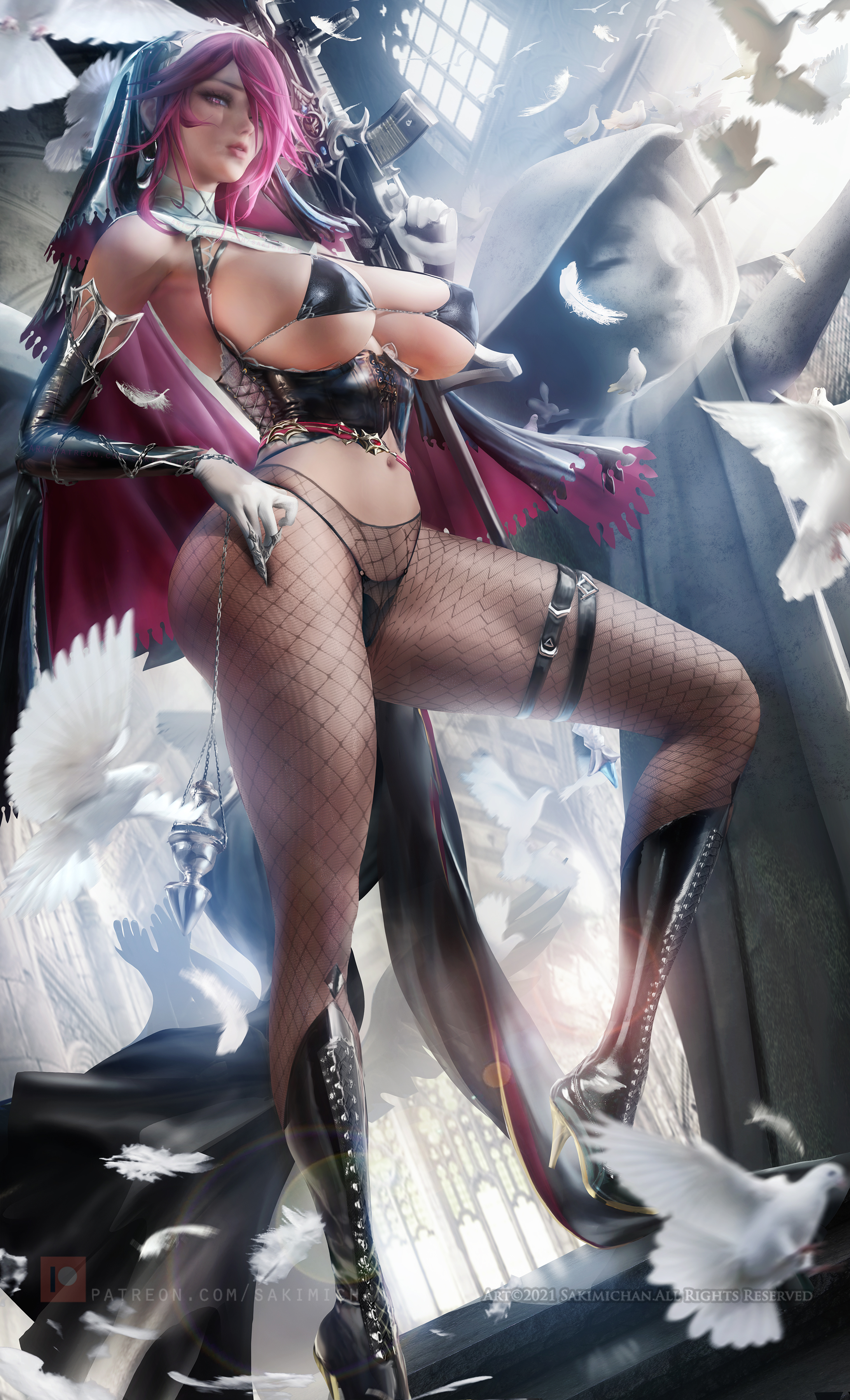breasts, female, genshin impact, gun, hourglass figure, huge breasts, rosaria (genshin impact), sakimichan, thick thighs