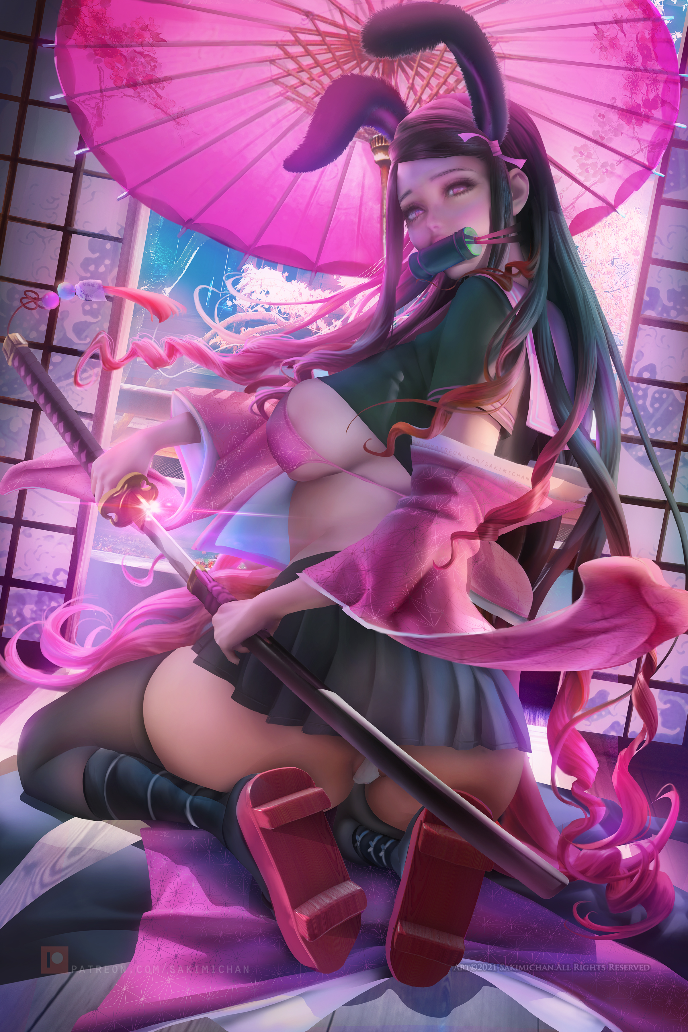 1girls, aged up, alternate costume, ass, big ass, big breasts, black hair, black-haired female, breasts, bunny ears, clothed, demon slayer, detailed background, female, female only, geta, kamado nezuko, katana, kimetsu no yaiba, legwear, nipples covered, on knees, panties, parasol, realistic, sakimichan, school uniform, shouji, solo, solo female, sword, thick thighs, thighhighs, underwear