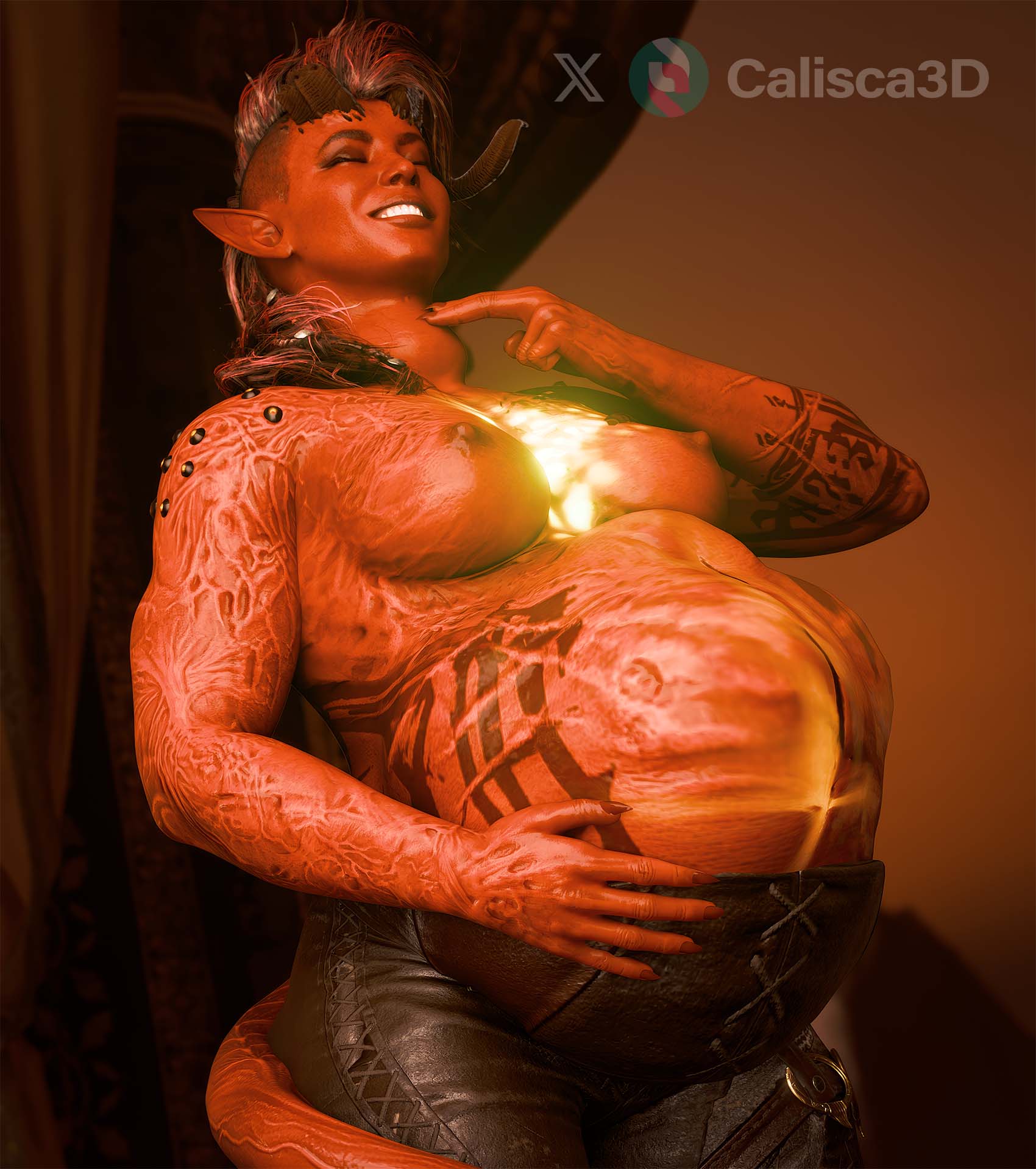 3d baldur's_gate_3 belly breasts calisca3d digestion female karlach same_size_vore smiling stomach swallowing tiefling tummy vore