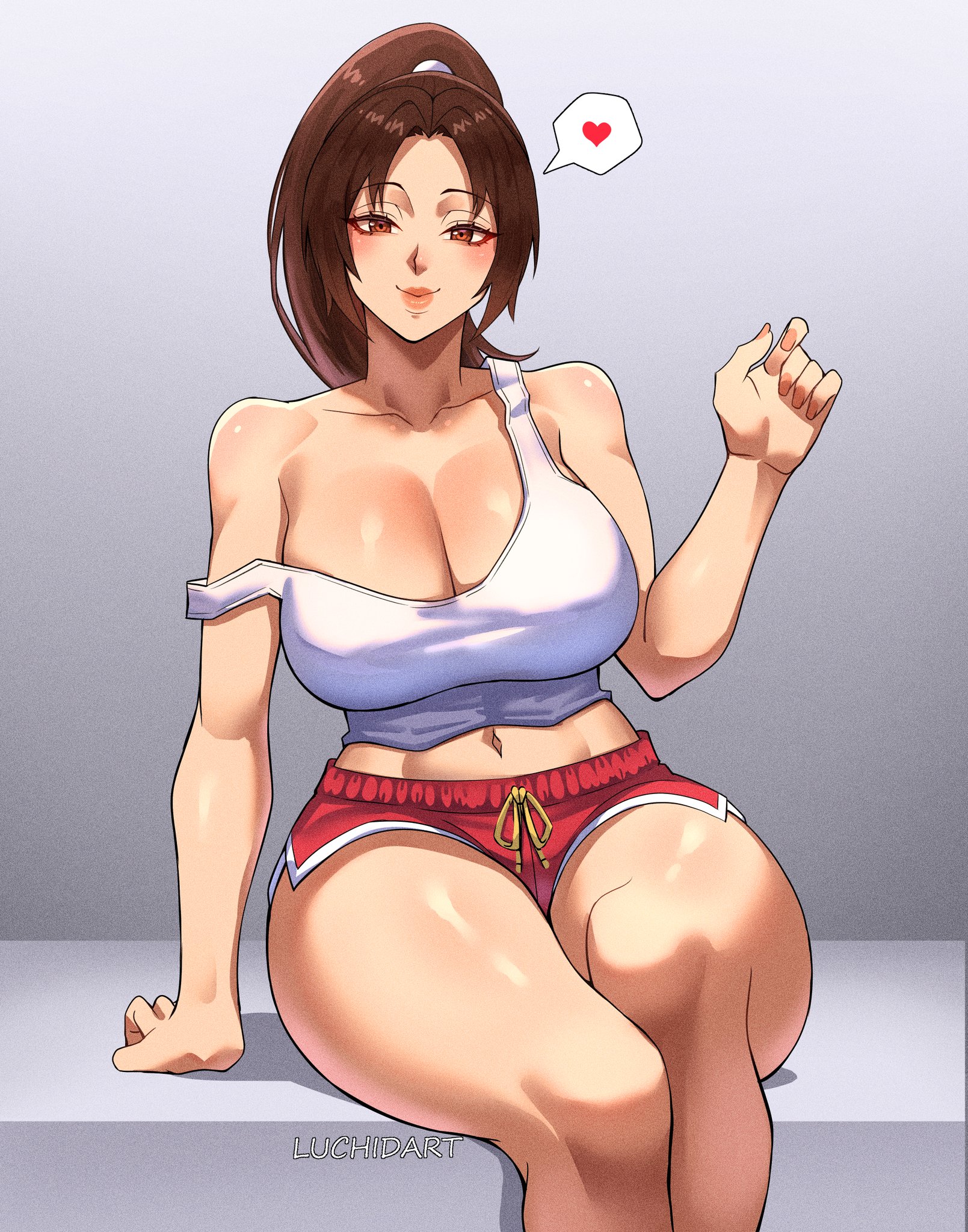 1girls, alternate costume, big breasts, booty shorts, breasts, casual, casual clothes, cleavage, curvaceous, curvy, fatal fury, female, heart, king of fighters, light skin, light-skinned female, luchidart, mai shiranui, mai shiranui (casual), shorts, solo, solo female, tank top, thick thighs, voluptuous, wide hips